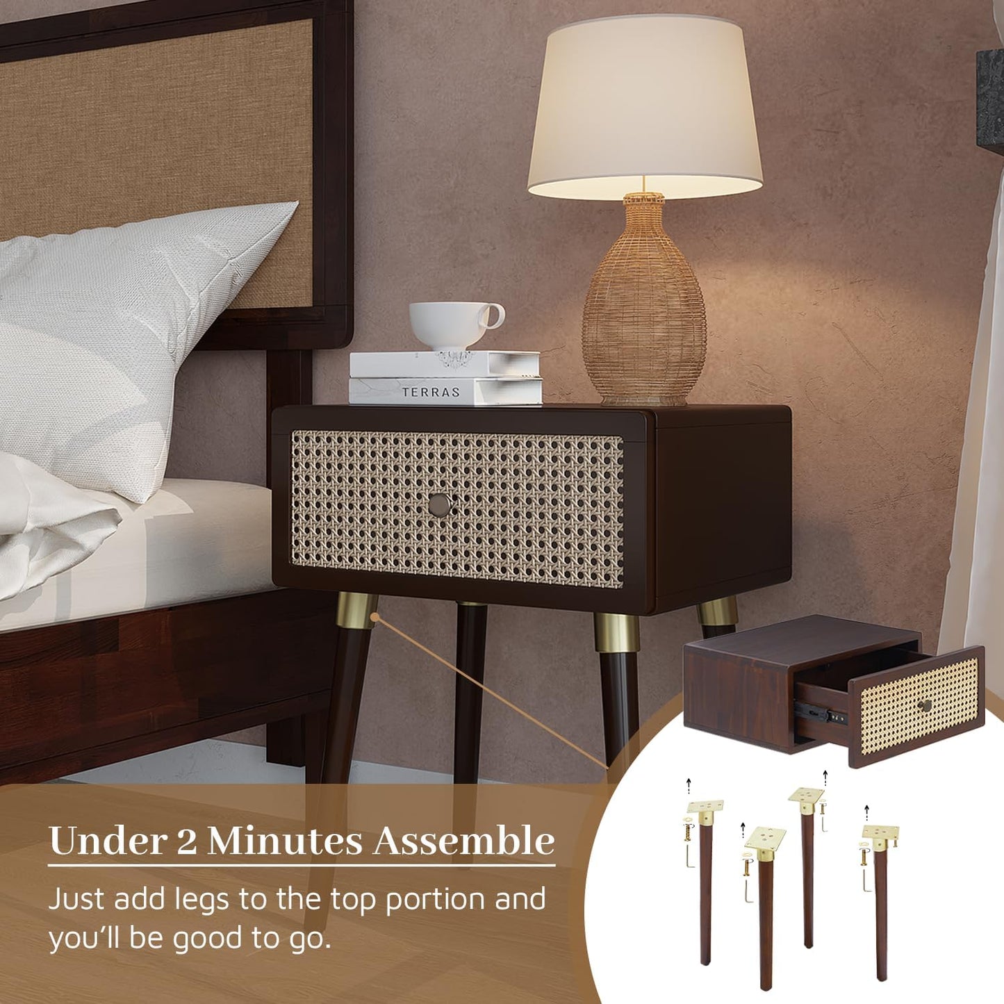 Bme Nipe Solid Wood and Rattan Nightstand, Fully Assembled, Woven Cane End Table, Bedside Table for Modern Bedroom, Boho Living Room with Tall Wood Legs Large Storage 1-Drawer, Walnut