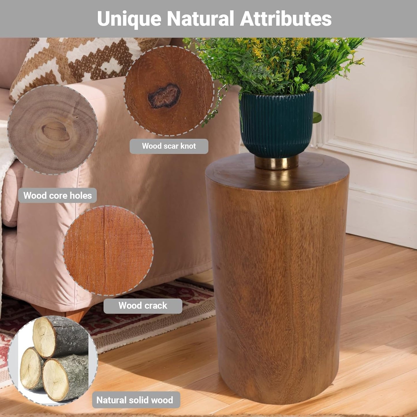 Athaliah Wooden Tree Stump Stool,Decorative Garden Stool Wood Stump Table Round Side Table Wood End Table,Rustic Vintage Table for Living Room Bedroom Balcony Family and Office 19.25" Tall