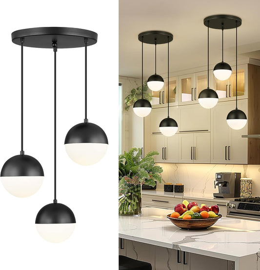 LMS Mid Century 3-Light Cluster Pendant Lights, Matte Black Kitchen Island Light Fixtures with White Globe Glass Shade, Adjustable Hanging Light for Home Office Bathroom Dining Room, LMS-186BK3