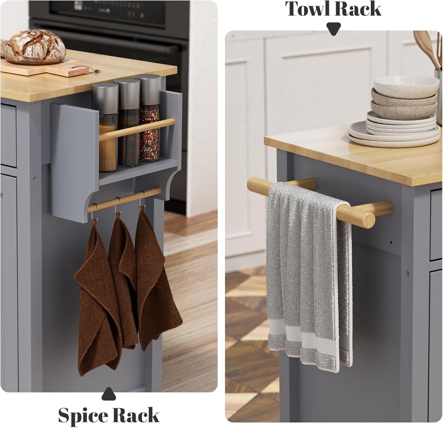 Rovibek Large Kitchen Island on Wheels with Storage 54 in Width Mobile Moveable Portable Rolling Wood Islandfor Kitchen Dining Room with Drawers Cabinet Spice Rack Towel Rack