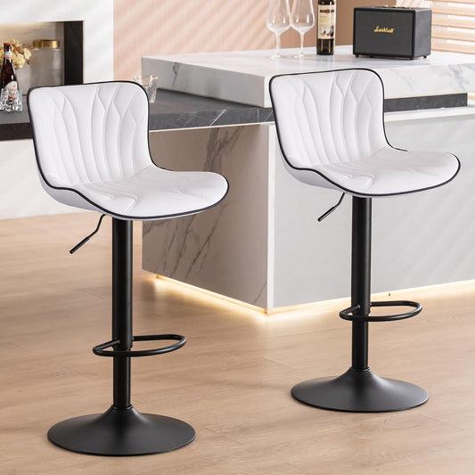 YOUNIKE White Bar Stools Set of 2 Modern Kitchen Counter Height Bar Chair with Back Swivel Adjustable Faux Leather Upholstered Barstools for Breakfast Island Tall 300LBS