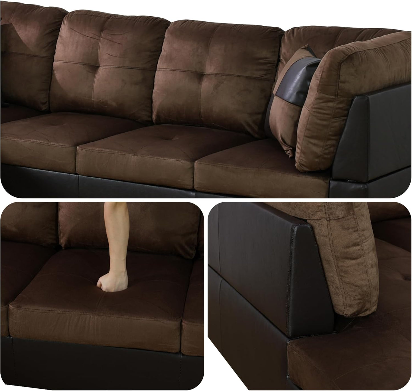 Modern Living Room Furniture Sets with Pillows, Modular Sectional Couches with Chaise Lounge, 4-Seaters L Shape Sofa with Storage Ottoman, for Living Room, Brown