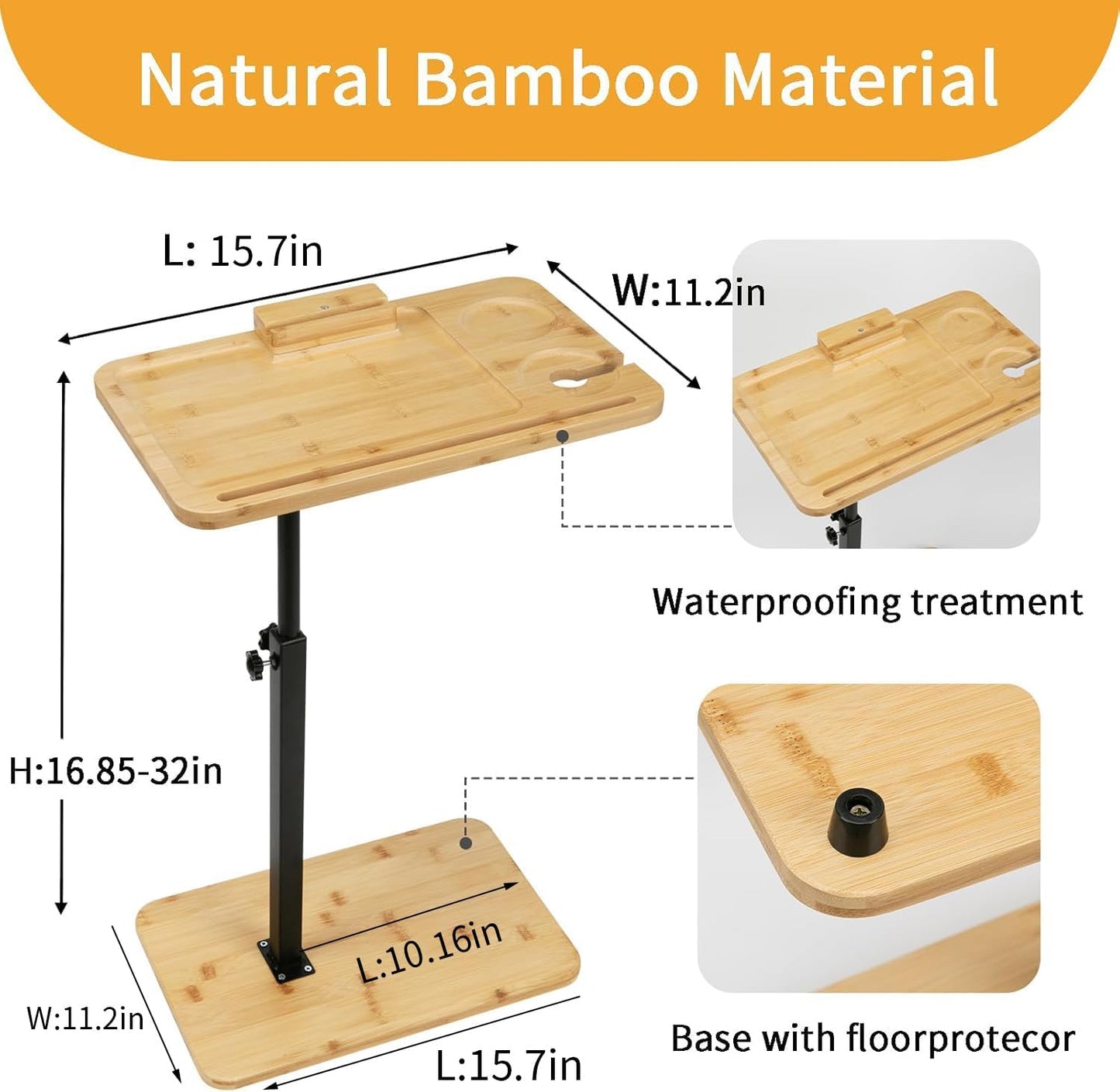 Bamboo Sofa Side Table Adjustable Height,Snack C Shaped End Table with Swivel Phone Stand,TV Trays for Eating on Couch, Small Spaces/Bathtub/Recliner/Bed/Sofa,Oblong.