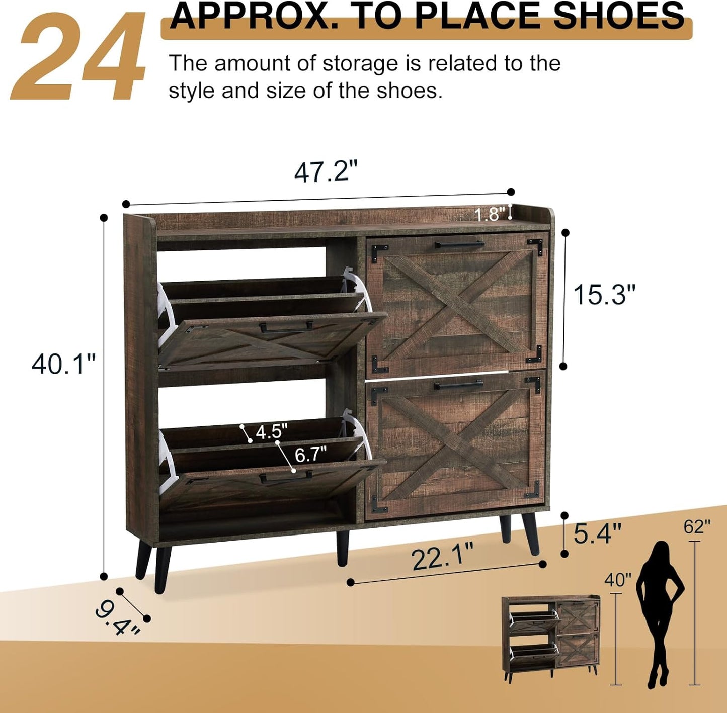 Shoe Storage Cabinet,Farmhouse Shoe Organizer with 4 Flip Drawers & Barn Door Design,Freestanding Hidden Slim Narrow Shoe Rack Cabinet for Entryway,Foyer,Hallway,Rustic Brown