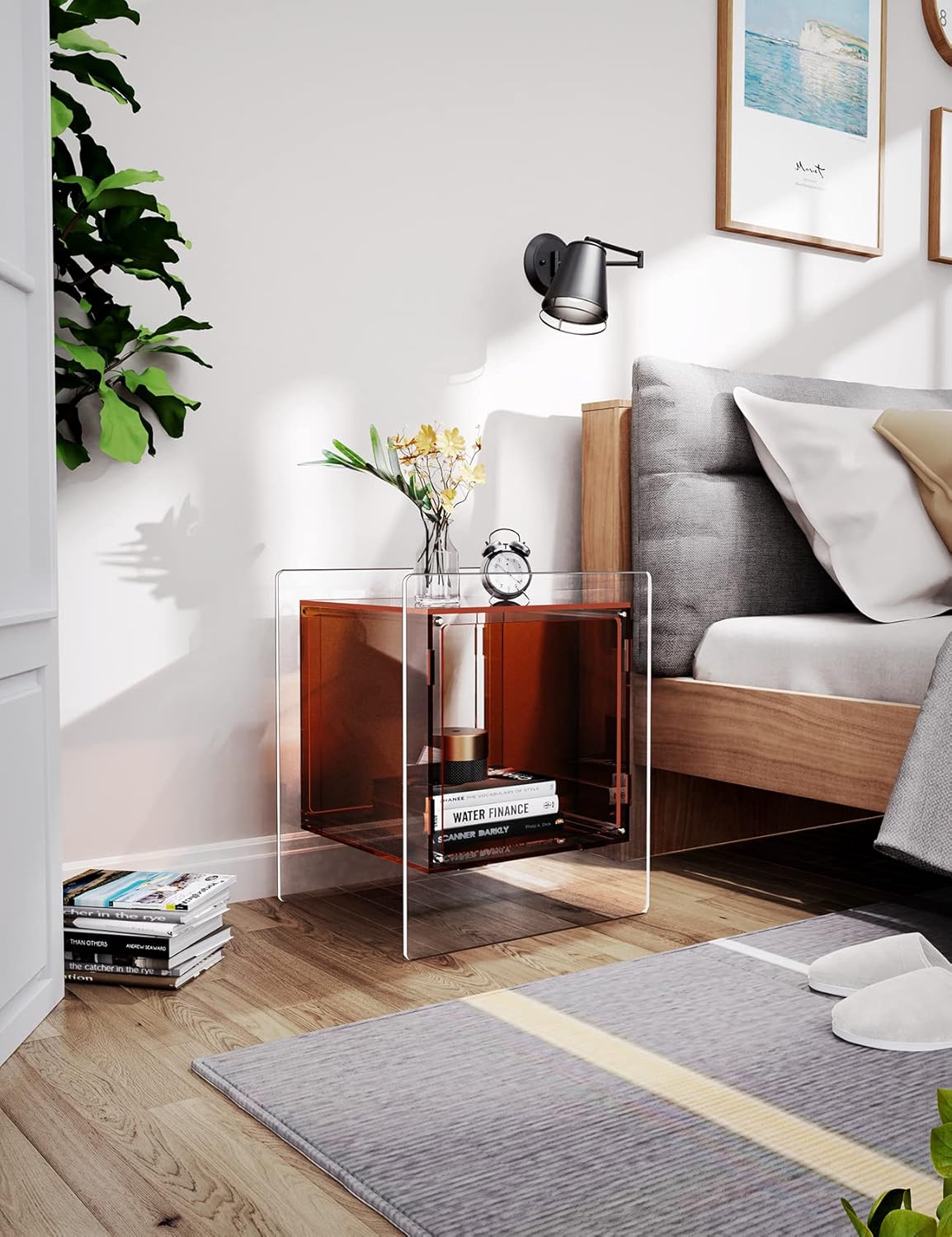 Acrylic Nightstand Colorful Bedside Table with Open Storage Shelf,Clear Side Table for Living Room (1, Dark Brown)