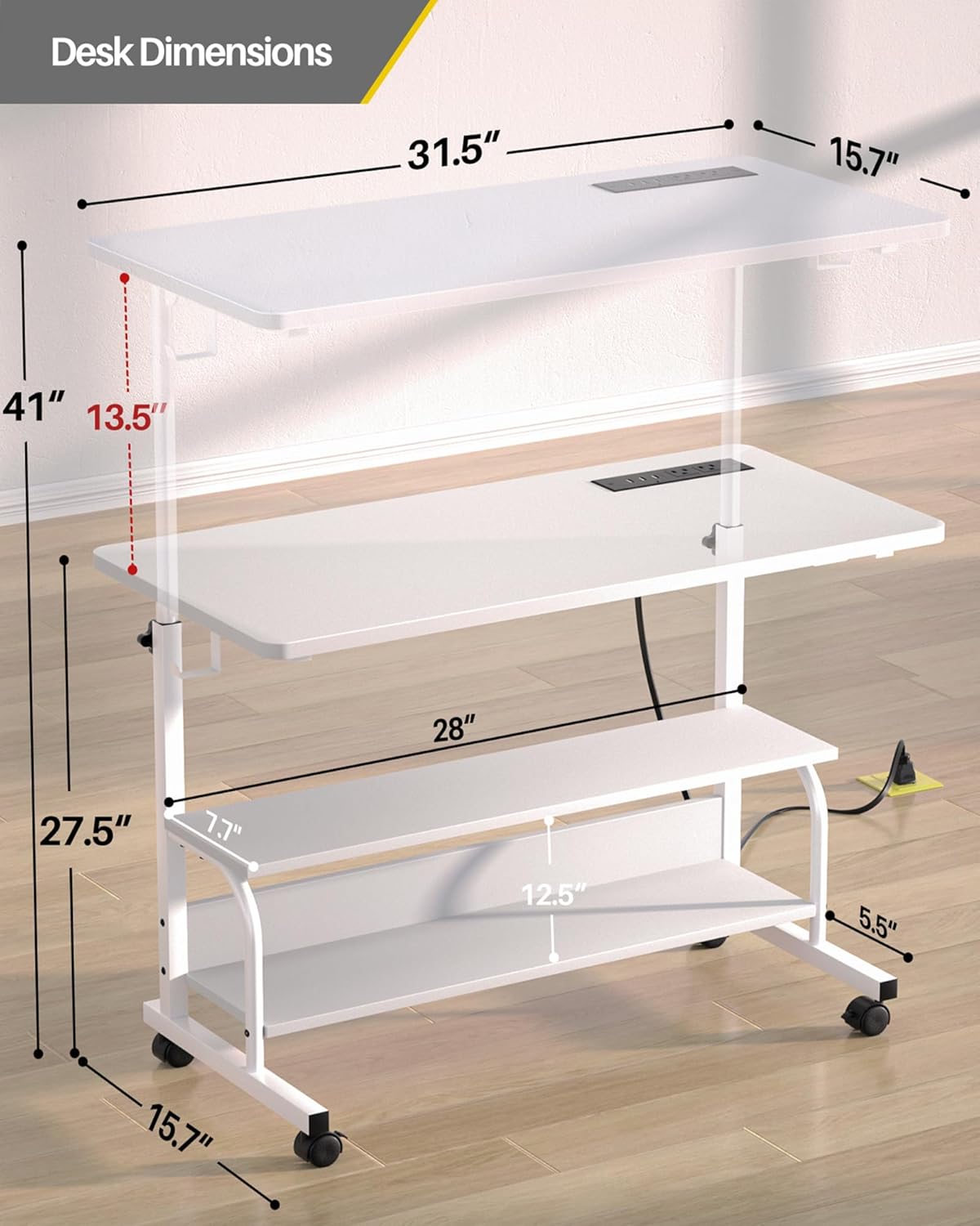 Armocity Height Adjustable Standing Desk with Power Outlets, 32" Manual Stand Up Desk with Storage Shelves Small Mobile Rolling Computer Desks Portable Laptop Table with Wheels for Home Office, White
