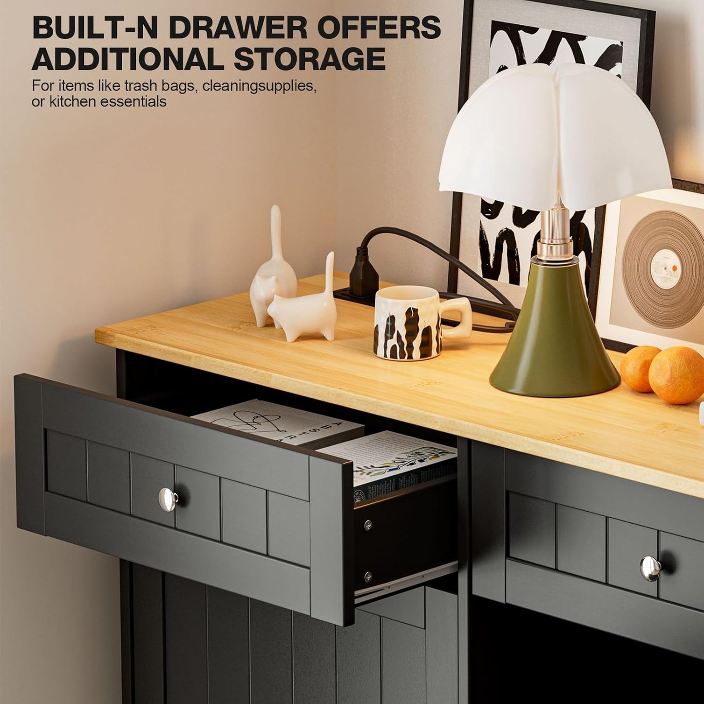 GAZHOME 20 Gallon Double Tilt Out Wooden Trash Cabinet with Charging Station, Upgrade Free Standing Recycling Cabinet with Outlet,Black