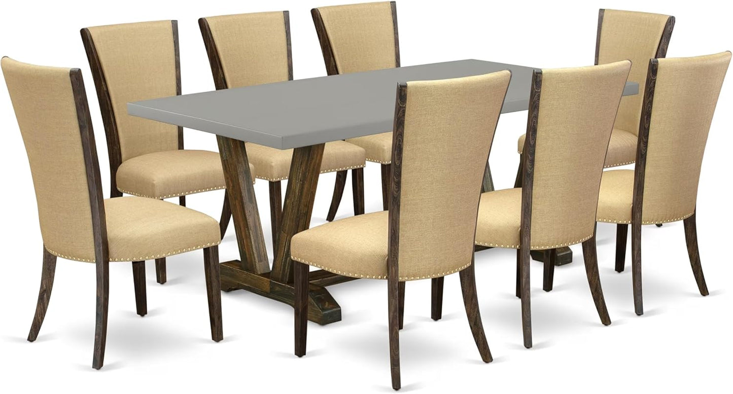 East West Furniture V797VE703-9 9 Piece Dining Room Table Set Includes a Rectangle Kitchen Table with V-Legs and 8 Brown Linen Fabric Parsons Dining Chairs, 40x72 Inch, Multi-Color