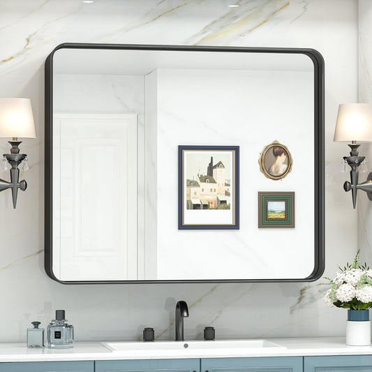 TokeShimi 42x36 Black Bathroom Mirror for Wall Vanity Mirror with Brushed Metal Frame Non-Rusting Aluminum Alloy for Modern Farmhouse Bedroom Living Room Decor (Horizontal/Vertical)