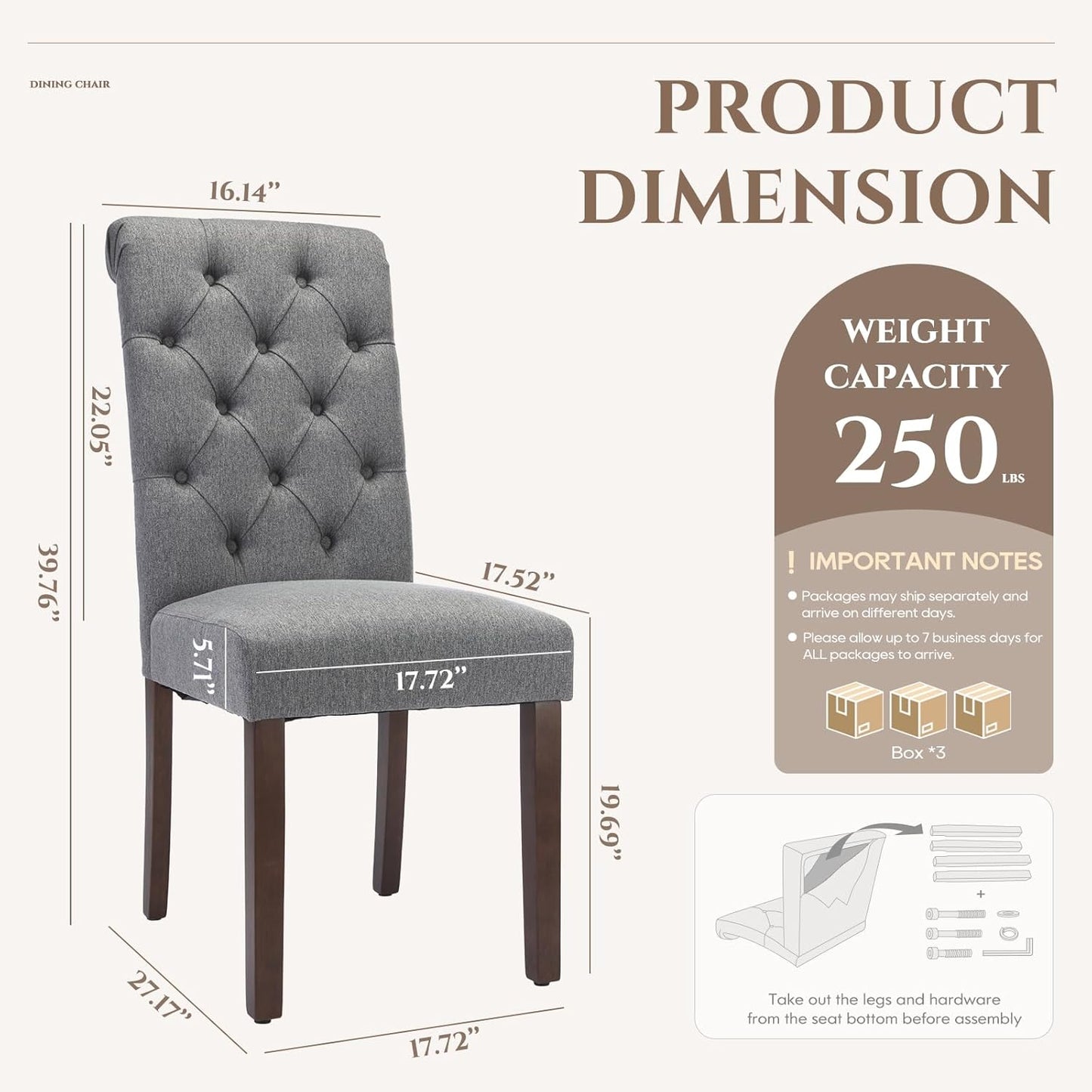 COLAMY Tufted Dining Chairs Set of 6, Parsons Dining Room Chairs Upholstered Fabric Diner Chair Stylish Kitchen Chairs with Solid Wood Legs and Padded Seat - Grey