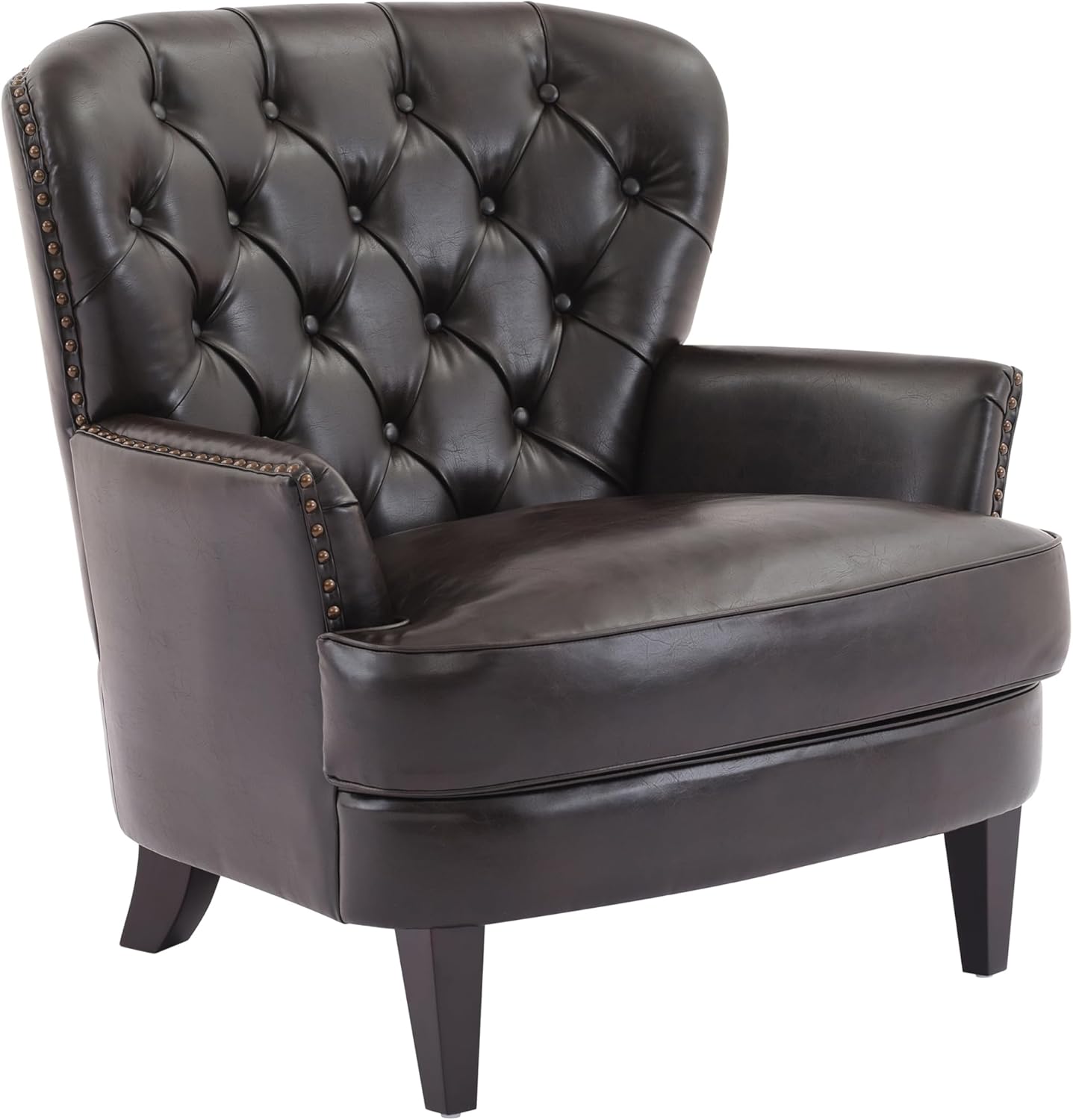 Ball & Cast Accent Chair,Mid-Century Lounge Living Room Chairs with Button Tufting,Upholstered Reading Accent Chair W/Solid Wood Legs and Curved Backrest,for Bedroom,Apartment,Dark Brown