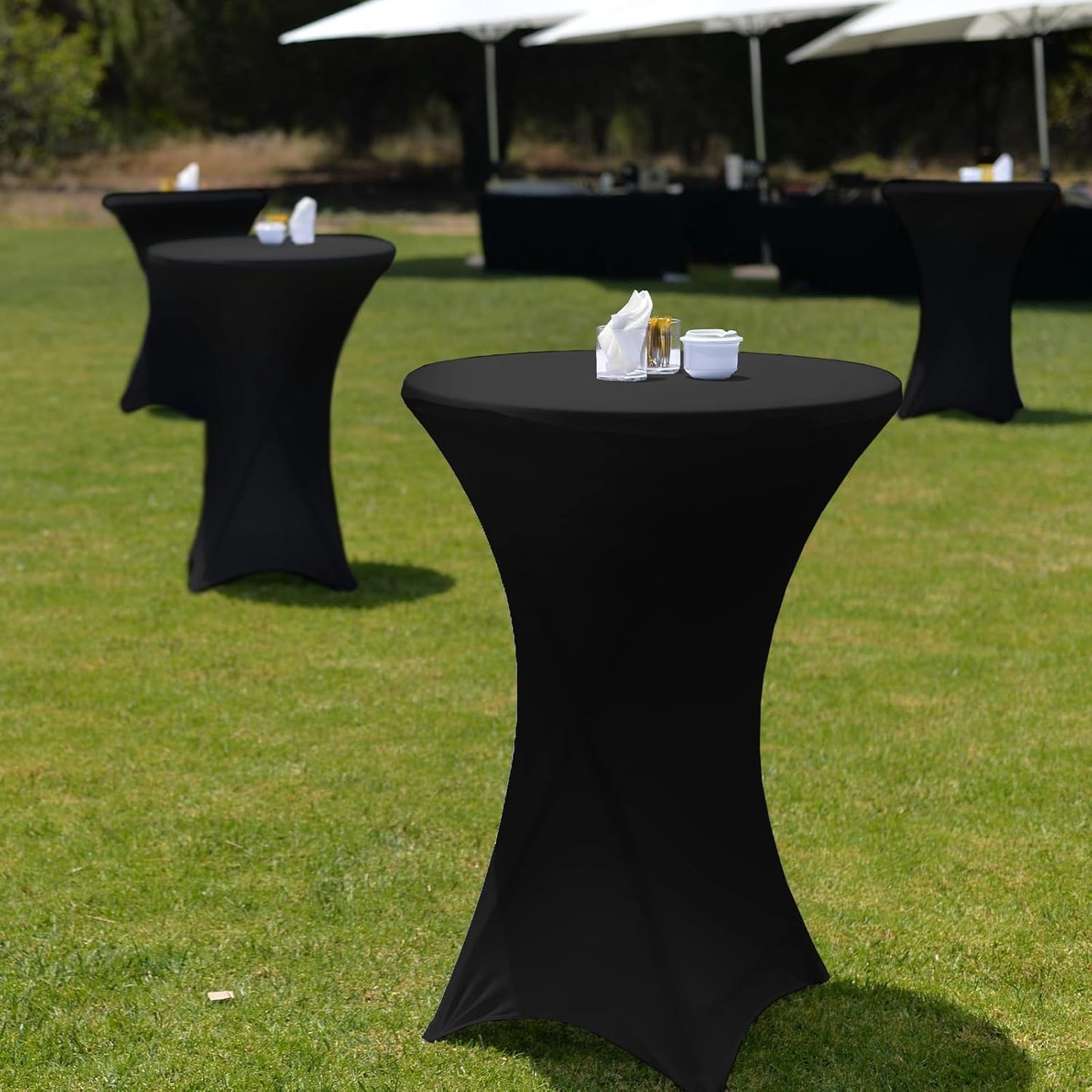 Wenqik 2 Sets 32" High Top Round Folding Cocktail Tables White Bar Height with Removable Legs & 32"x43" Spandex Stretch Table Covers (Black)