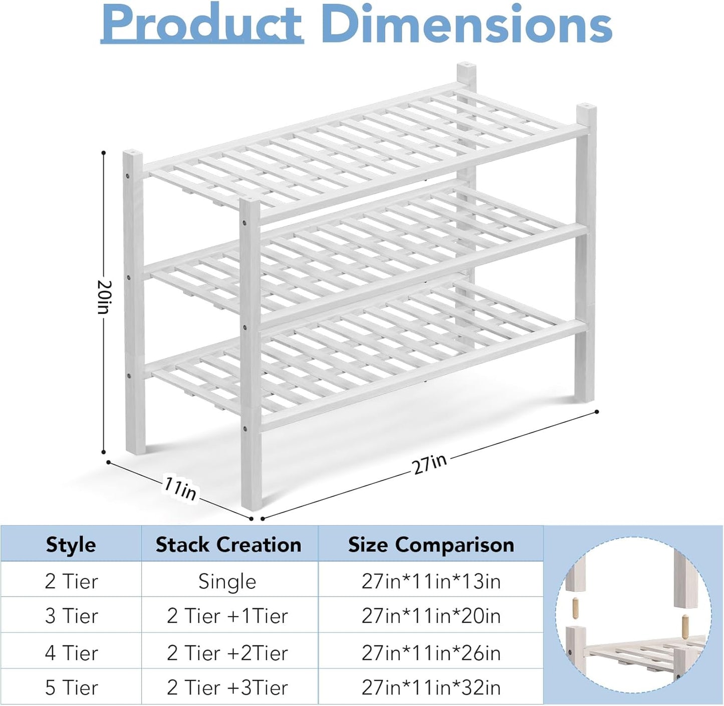 Haddockway 3 Tier Bamboo Shoe Rack Storage Organizer, Multifunctional Free Standing Stackable Shoe Shelf with Grid Panel for Closet,Hallway,Entryway,Small Space 27"x11"x20" (White, 3 Tier)