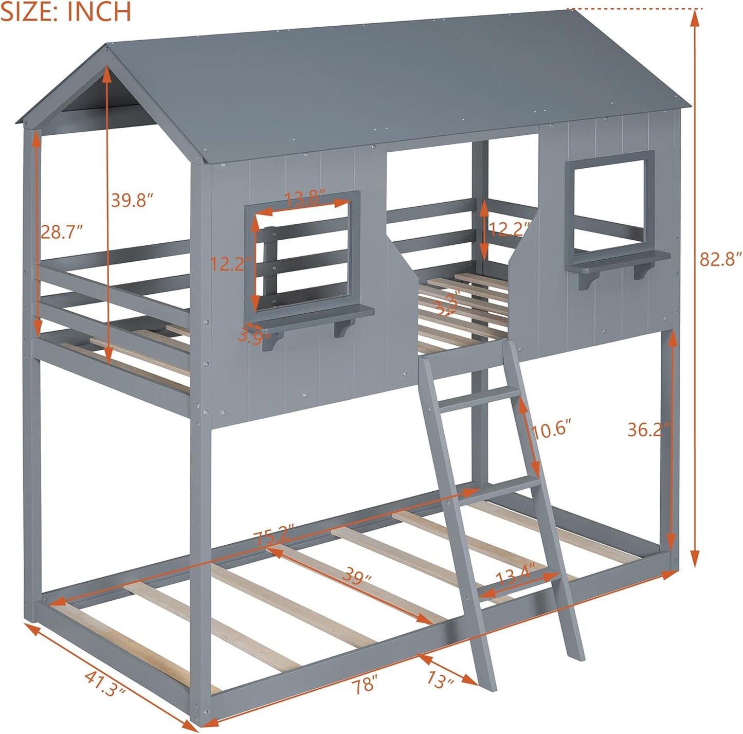 Ball & Cast Twin Over Twin Size Playhouse Bunk Bed with Roof and Window,Wood Bunkbed w/Full-Length Guard Rail & Ladder,Slat Support,Space Saving,Bedroom Furniture for Student Dorms,Gray