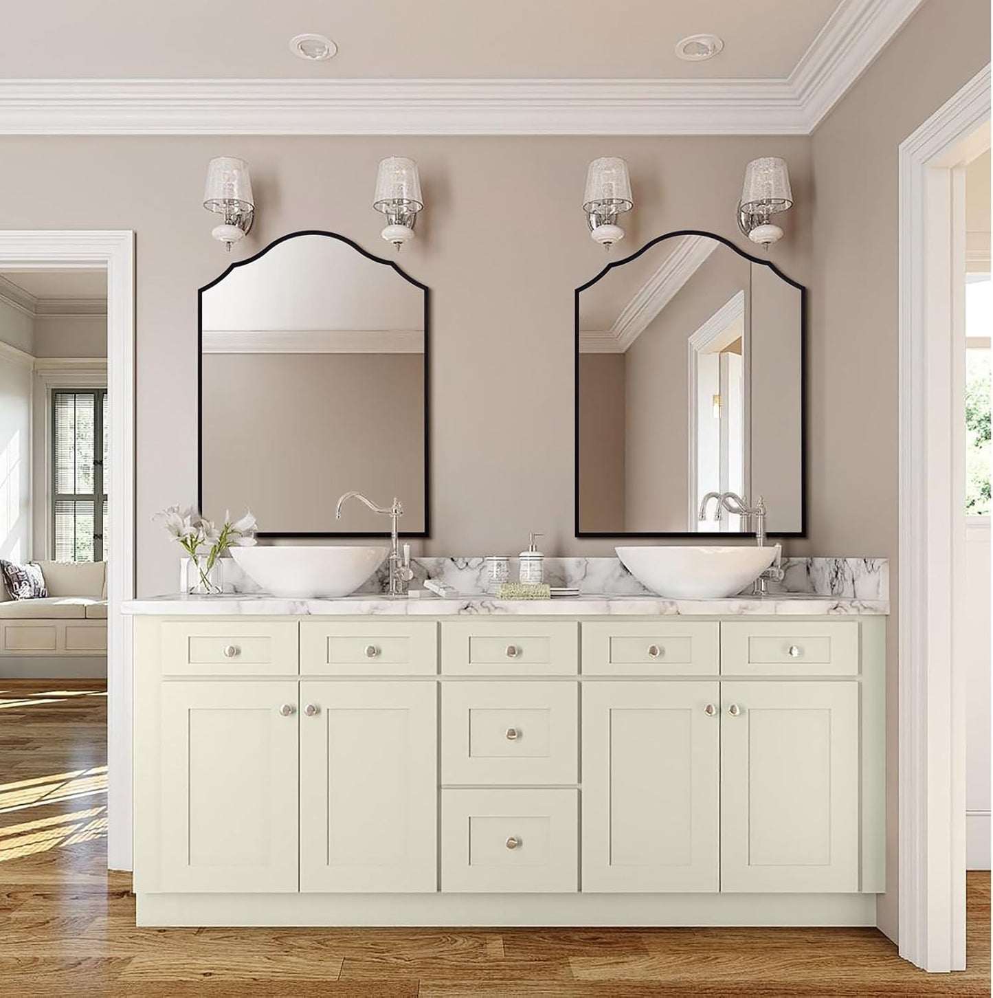 Large Mantle Mirror for Wall, 36"x30" Black Arched Decorative Mirror, Antique Scalloped Metal Frame, for Bathroom, Entryway, Living Room, Bedroom