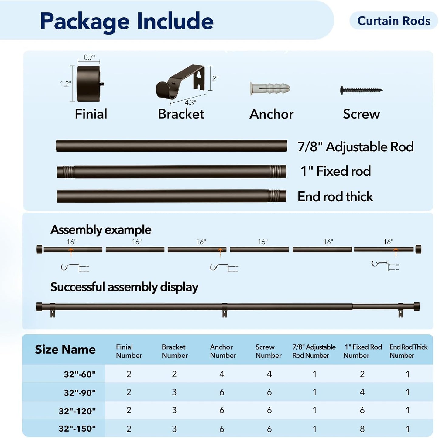 2 Pack Curtain Rods for Windows 72 to 144 Inch, 1 Inch Bronze Curtain Rods Set, Adjustable Heavy Duty Curtain Rod, Outdoor Curtain Rods for Patio Bedroom, Drapery Rods with End Cap, Size 32"- 150"
