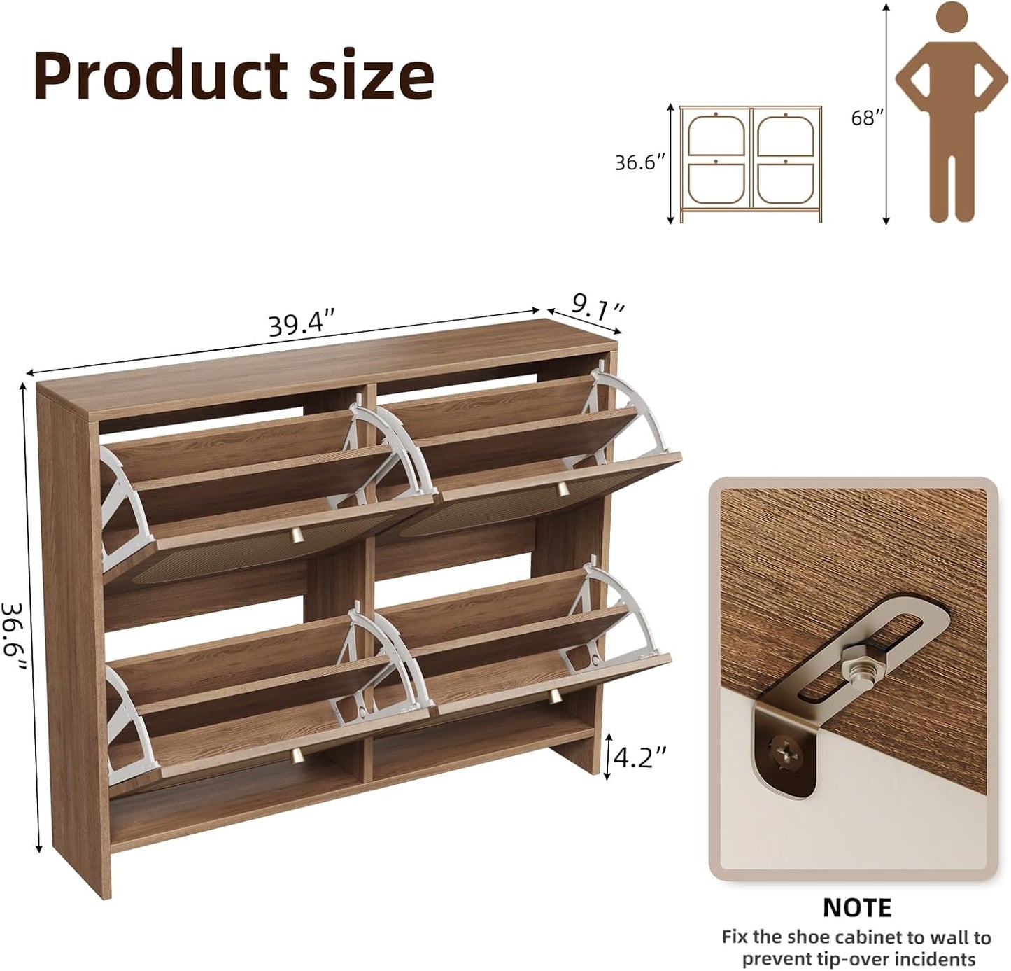 Nicetree Shoe Cabinet Storage for Entryway, Farmhouse Slim Shoe Organizers with 4 Flip Drawers, Freestanding Large Shoe Rack with 3-Tier Adjustable Shelves for Hallway,Foyer, Rustic (Oak)