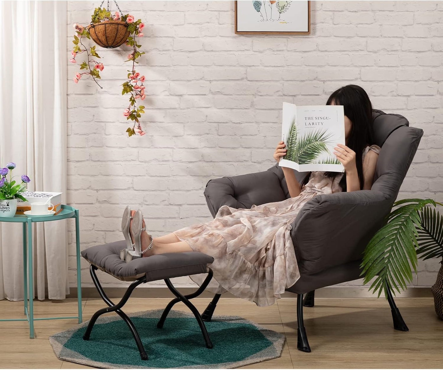 HollyHOME 15"(H) Folding Footrest Stool, Upholstered Small Foldable Ottoman, Accent Padded Sofa Foot Stool for Lazy Chair, Metal Frame Portable Foot Rest Ottoman for Living Room, Bedroom, Dark Grey