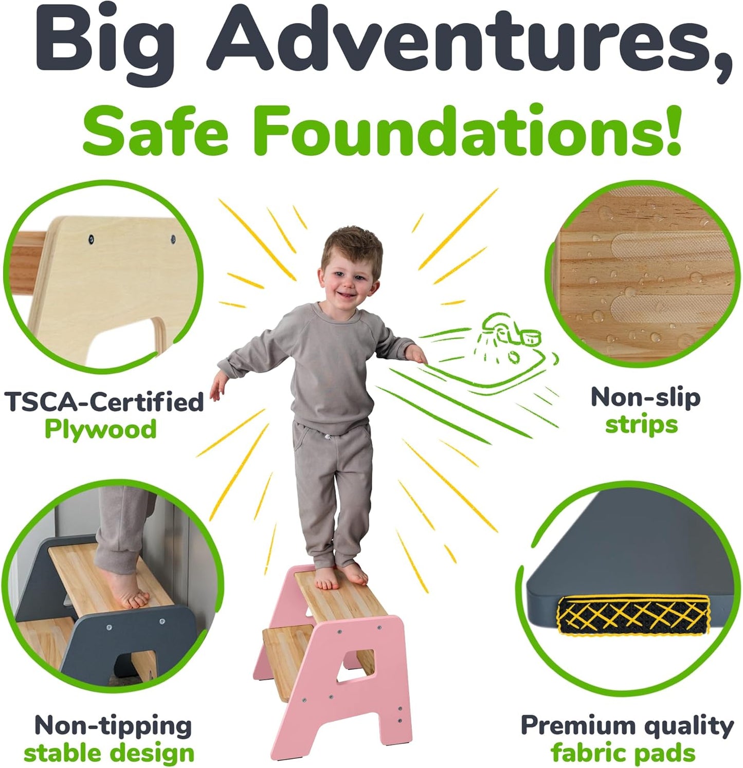 2-Step Wooden Step Stool for Toddlers | Kids Stool for Bathroom Sink & Kitchen Use | Non-Slip Step | Wooden Stool for Children Ages 2+ Years Pink