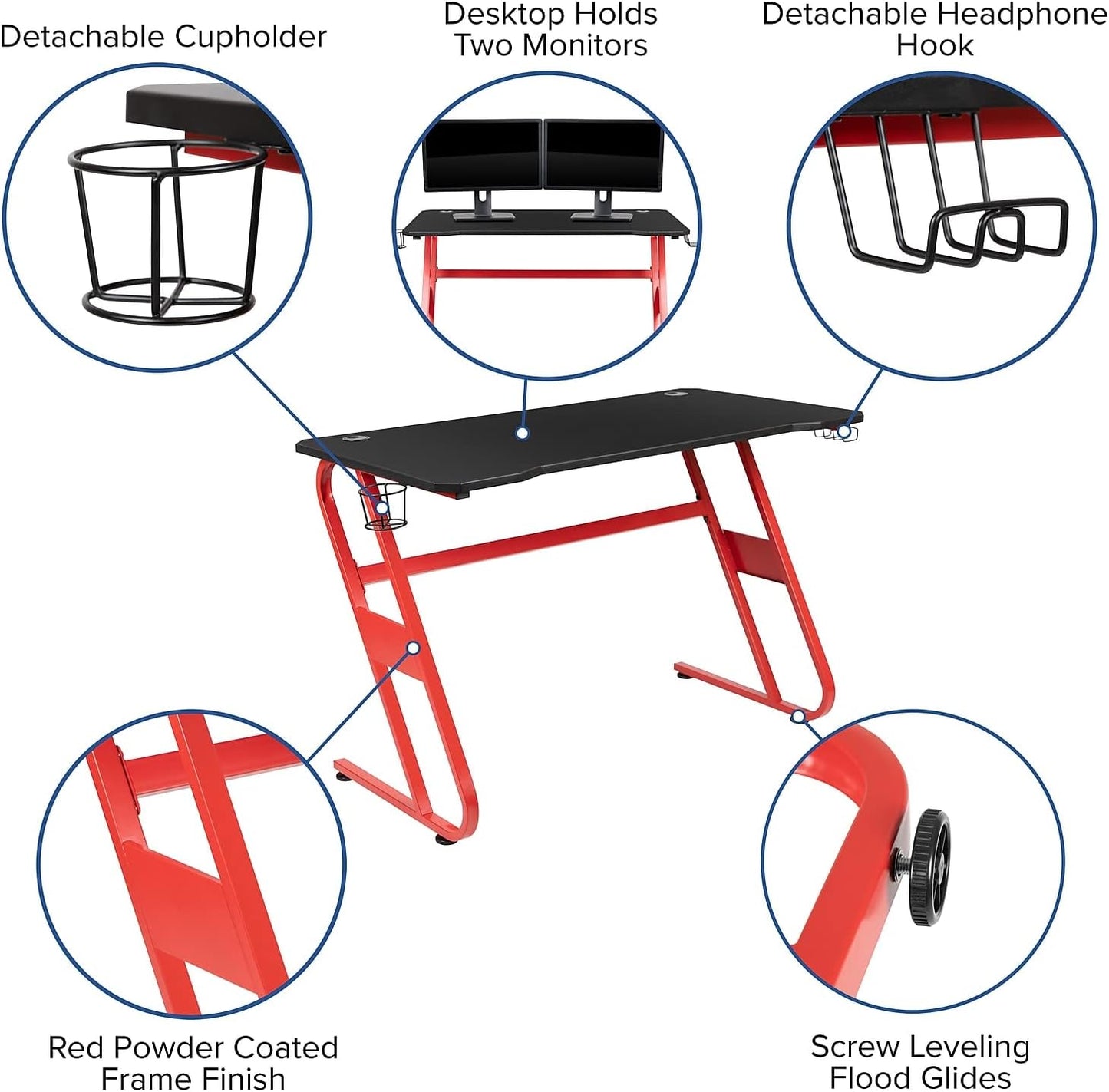 Flash Furniture Fisher Red Gaming Ergonomic Desk with Cup Holder and Headphone Hook