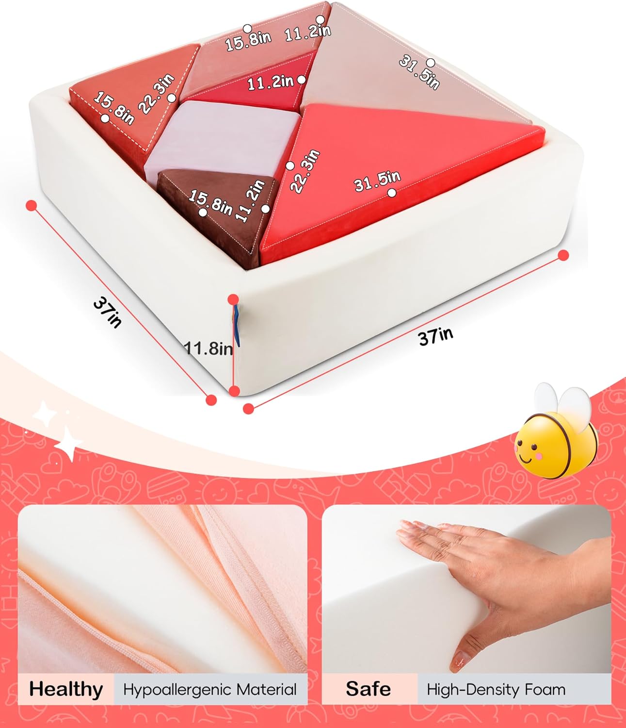 Kids Play Sofa, Tangram Square Puzzles Couch Furniture, Modular Kids Play Couchs Furniture, Puzzle Solving Couch Building Fort for Playroom Bedroom Boys Girls Teens, Glow