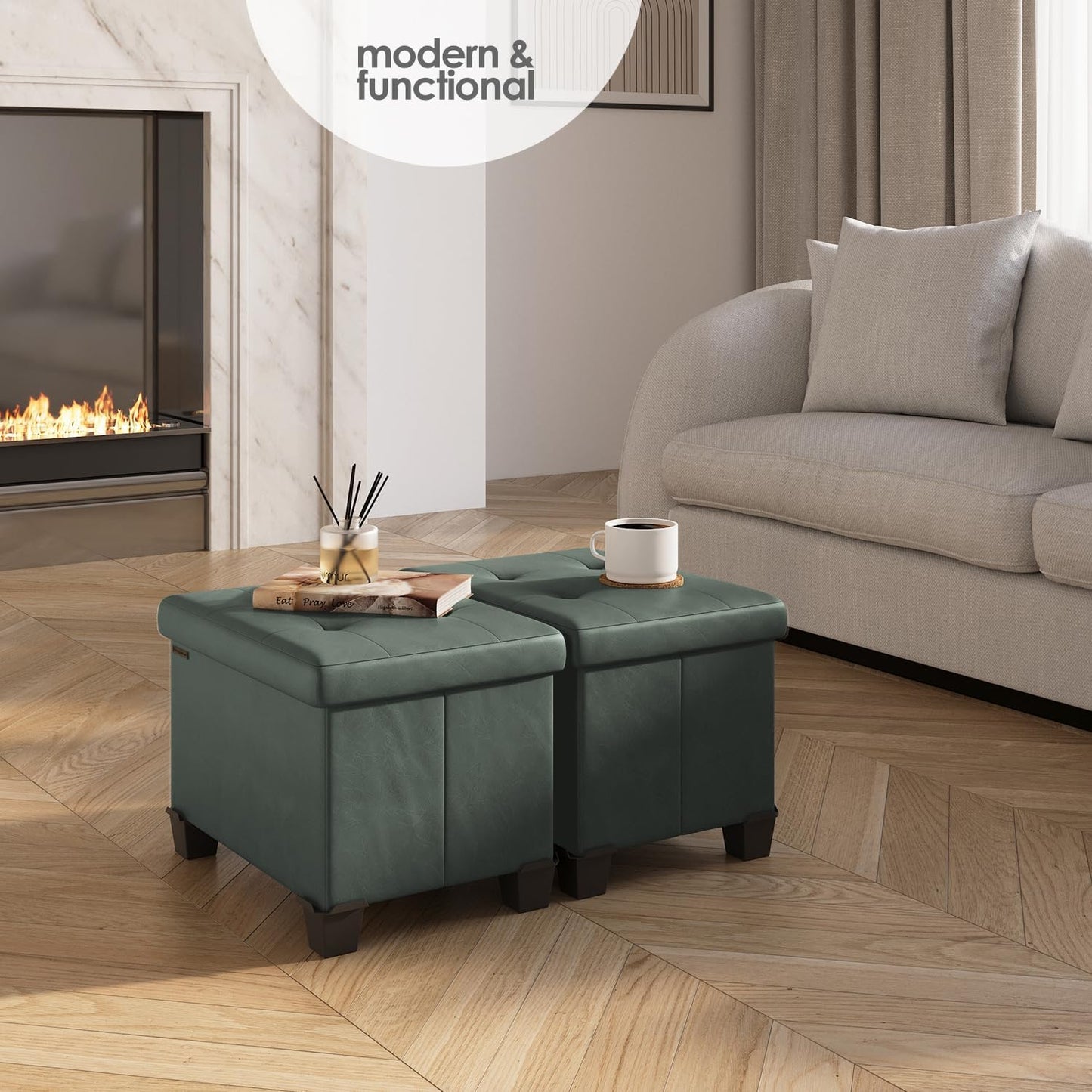 STORAGEBUD Storage Ottoman Cube with Small Bin, 16-in Square Ottoman with Storage for Living Room and Bedroom, Small Ottomans Foot Rest, Faux Leather Foot Stools Ottomans Max 330lbs, Green