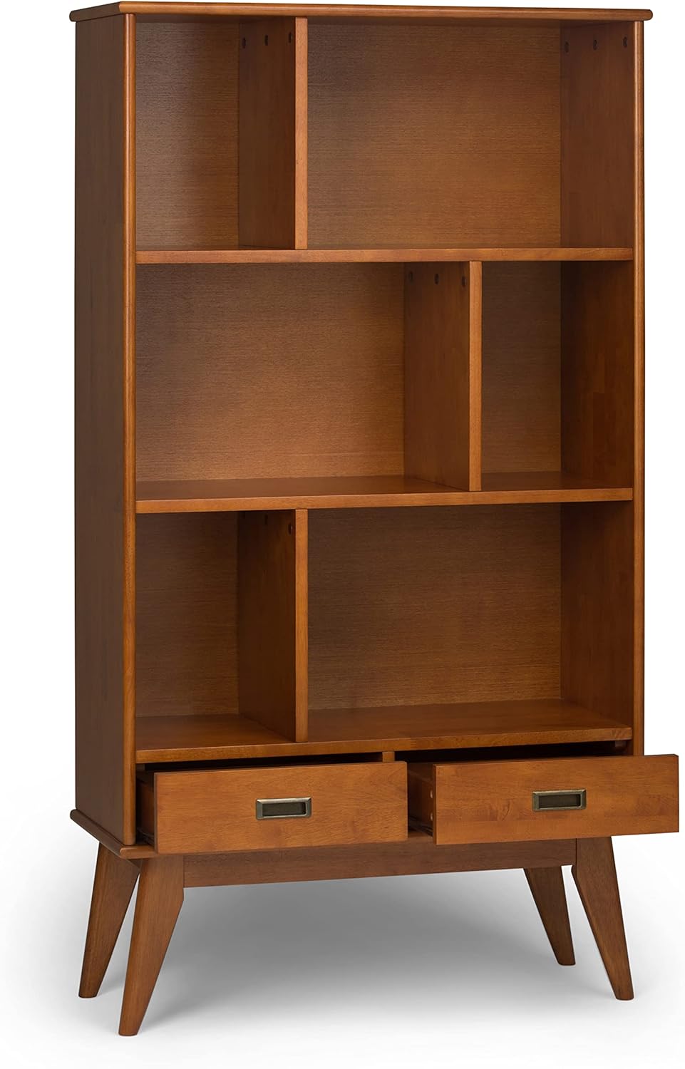 SIMPLIHOME Draper Bookcase - 64 inch Tall Solid Hardwood Wide Storage Bookshelf in Teak Brown, Mid-Century Modern Storage for Living Room, Study Room or Office with Adjustable Shelves and Tapered Legs