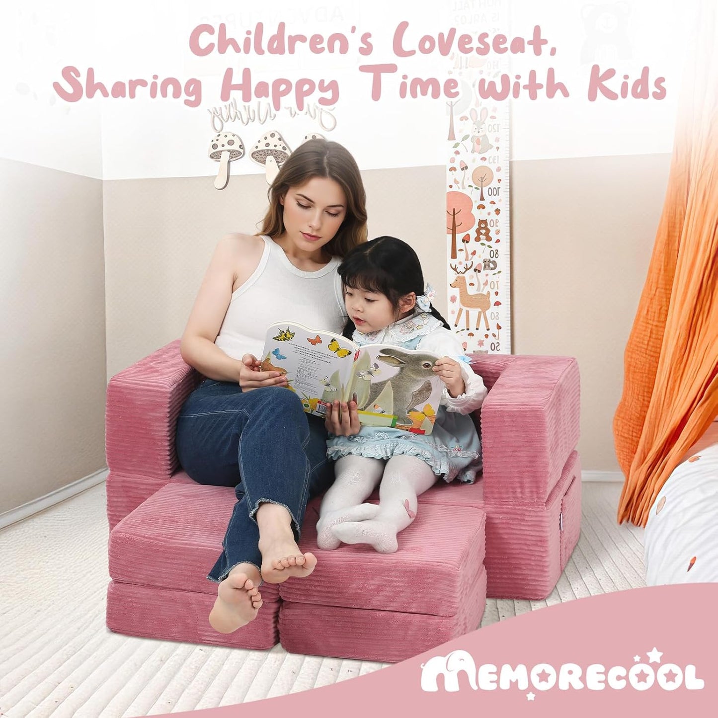 MeMoreCool Modular Kids Couch, Corduroy Play Toddler Couch for Bedroom Playroom Furniture, Convertible Foam Kids Sofa Bed, Fold Out Baby Sofa for Girl Boy, Pink