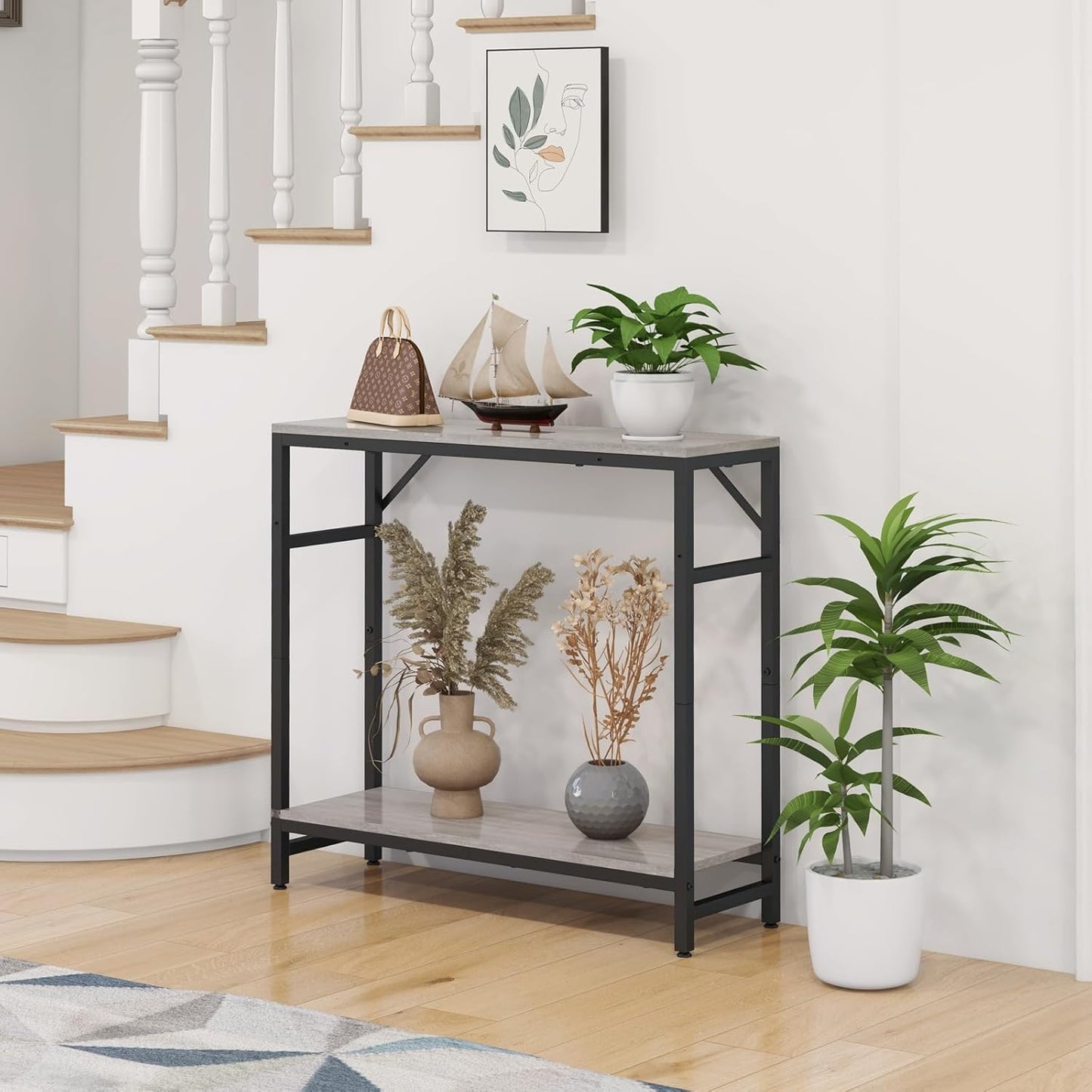 Narrow Console Table, 2 Tier Entryway Table, Thin Sofa Table, Industrial Couch Table with 2 Support Bar, Small Side Tables for Living Room, Bedroom, Hallway, Foyer, Grey