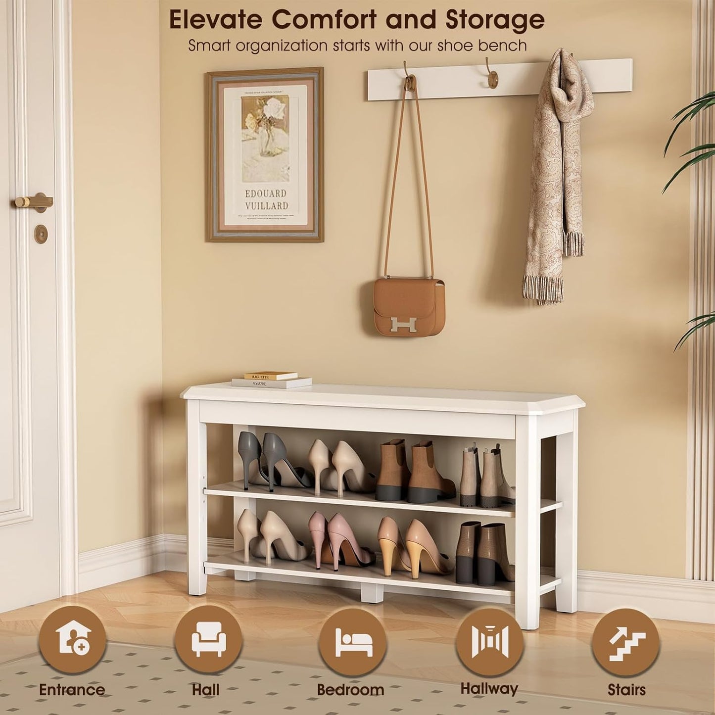 Shoe Rack Bench Seat Rubberwood 2-Tier Wooden Storage Bench 550lbs Compact Mid-Century Modern Design for Entryway, Hallway, Closet, Front Door Entrance, Foyer