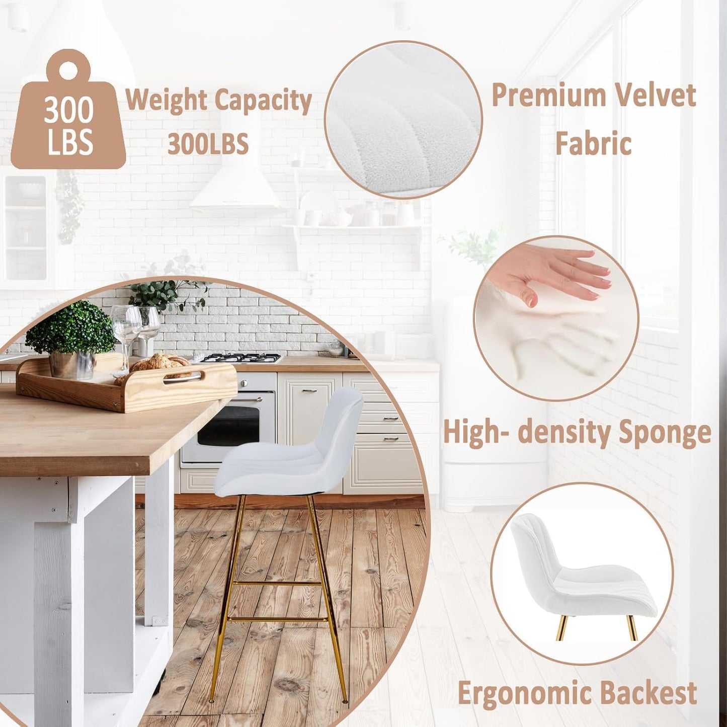 Sidanli Velvet Bar Stools with Gold Legs, Set of 2 Counter Height Stools for Kitchen Island, 29 Inch Modern Barstools with Swivel Leveling Feet, White