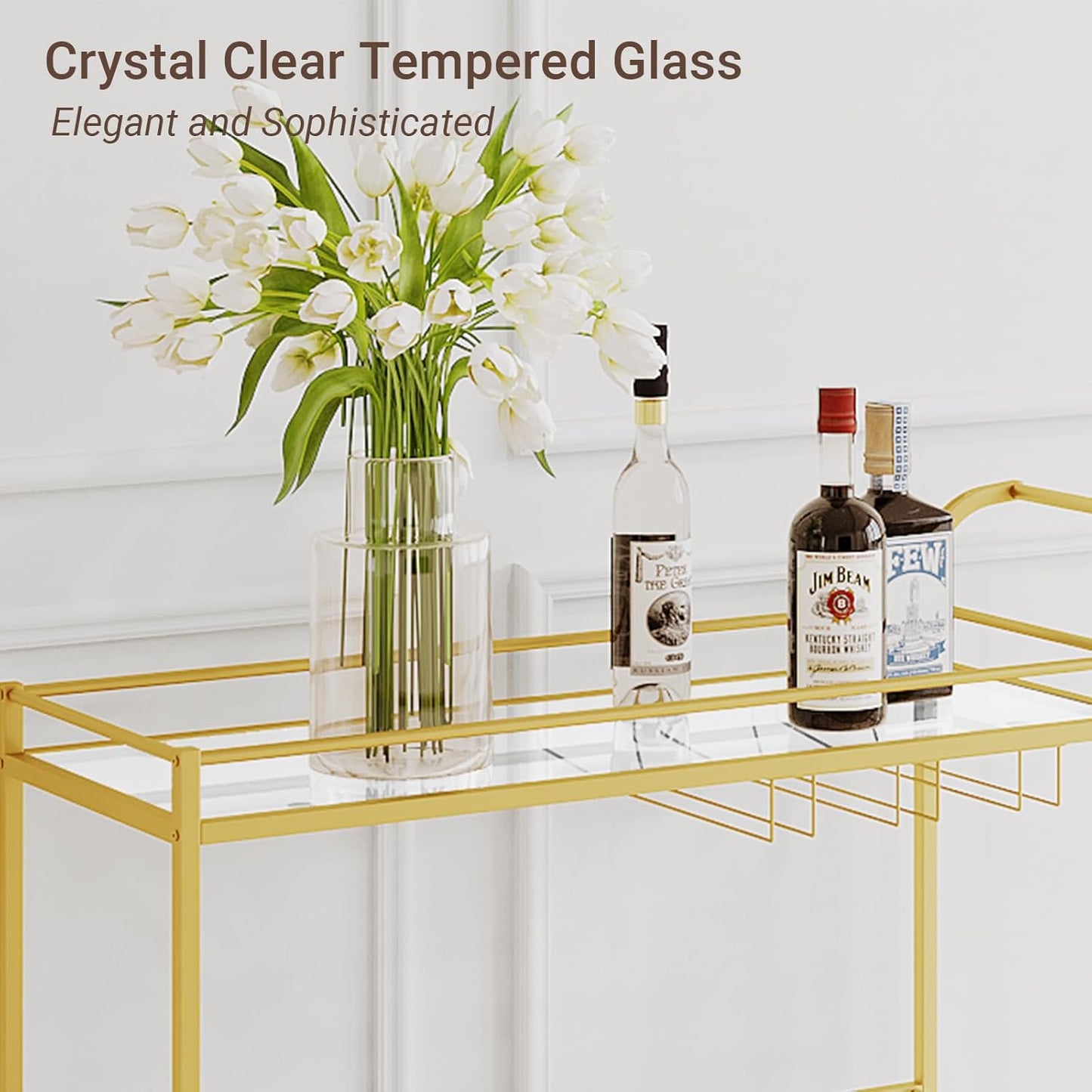 Gold Bar Cart, Home Bar Serving Cart with Handle, Wine Cart with 3-Tier Glass Shelves, Beverage Cart with Wine Rack and Glass Holder, Bar Carts for The Home, Dining Room, Living Room