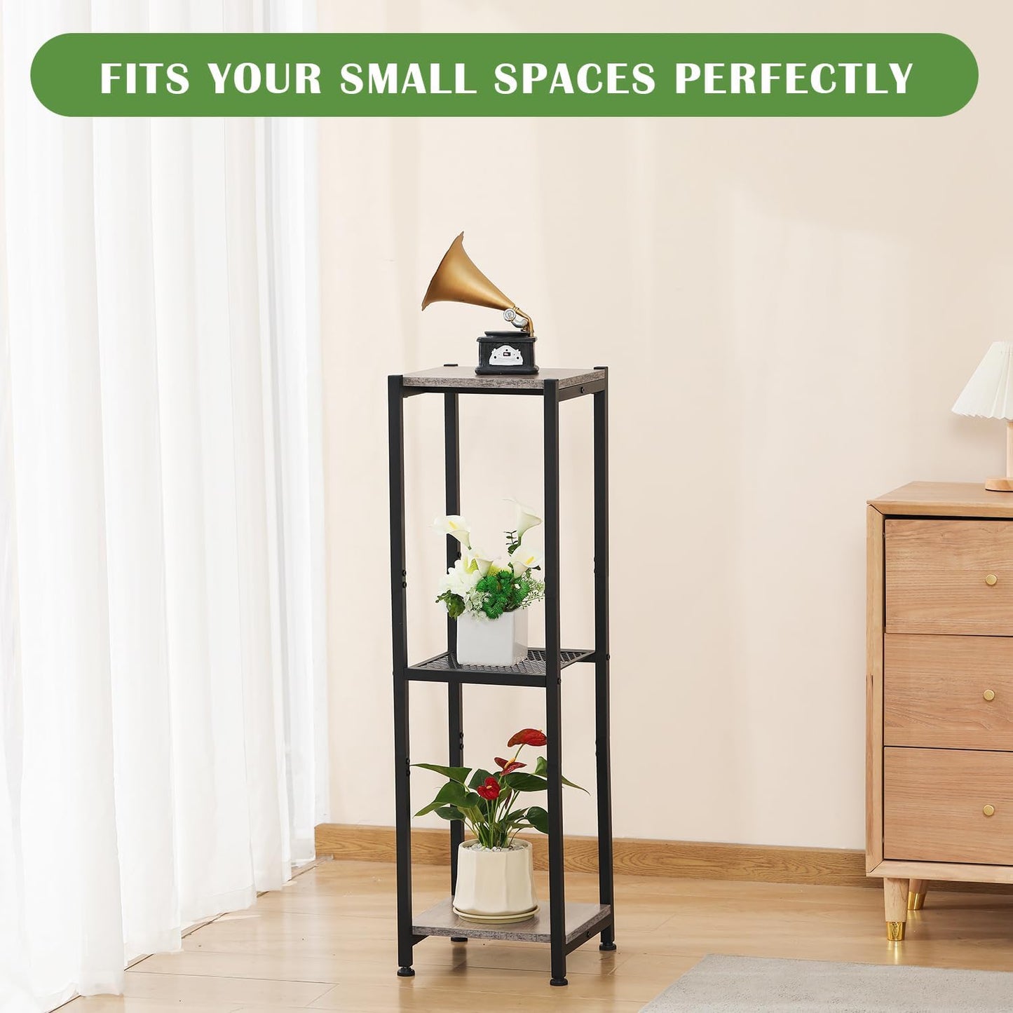 Extra Tall Plant Stand Indoor,40 Inch Plant Stands,3 Tier Metal Plant Stand with Heavy Duty Wood and Metal Mesh Shelf,Greige and Black