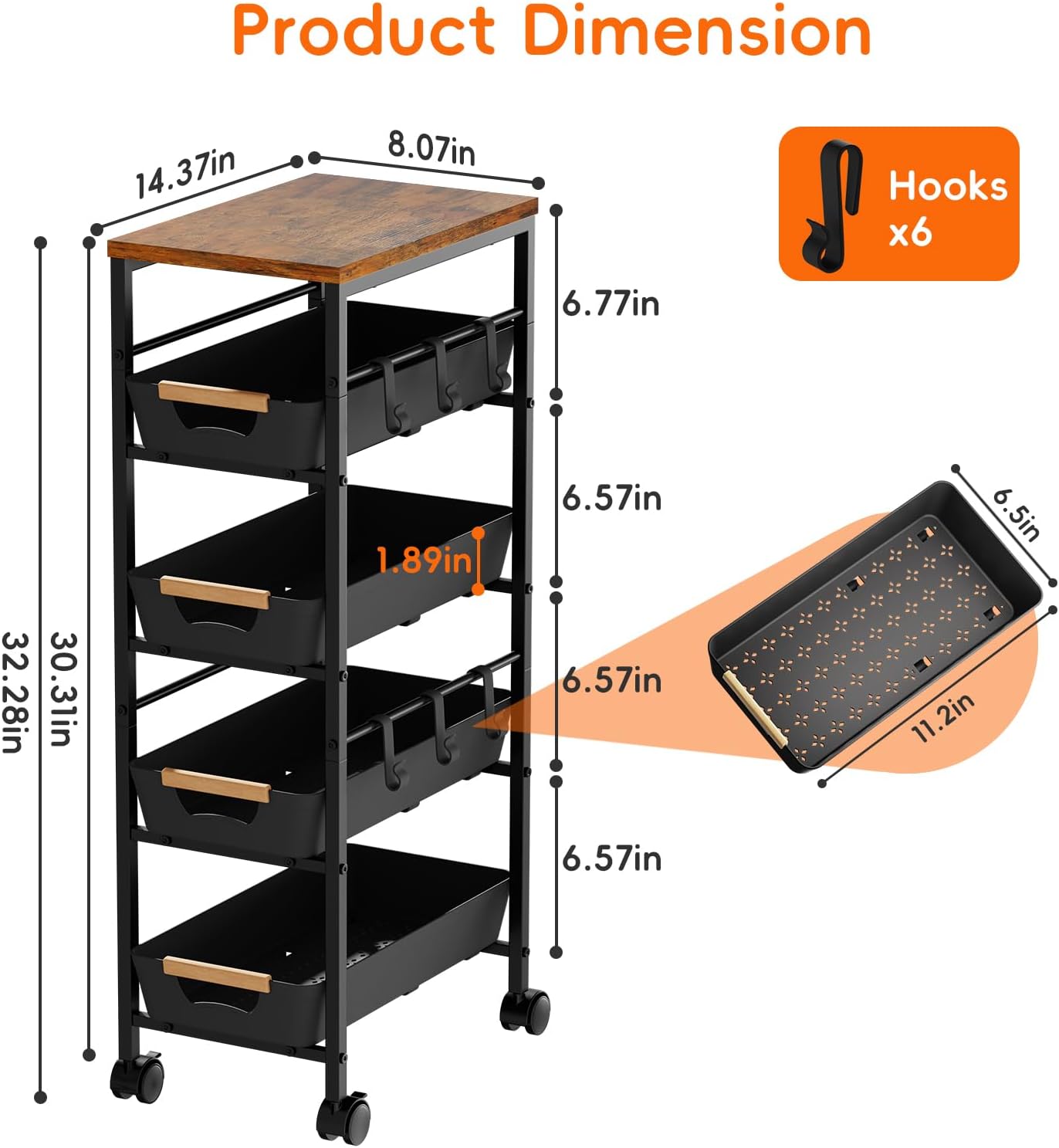 5-Tier Slim Storage Cart, Wooden Top Rolling Kitchen Cart with Pull-Out Baskets & Wheels, Narrow Space Utility Cart Slide Out Organizer for Kitchen, Bathroom, Laundry Room, Black