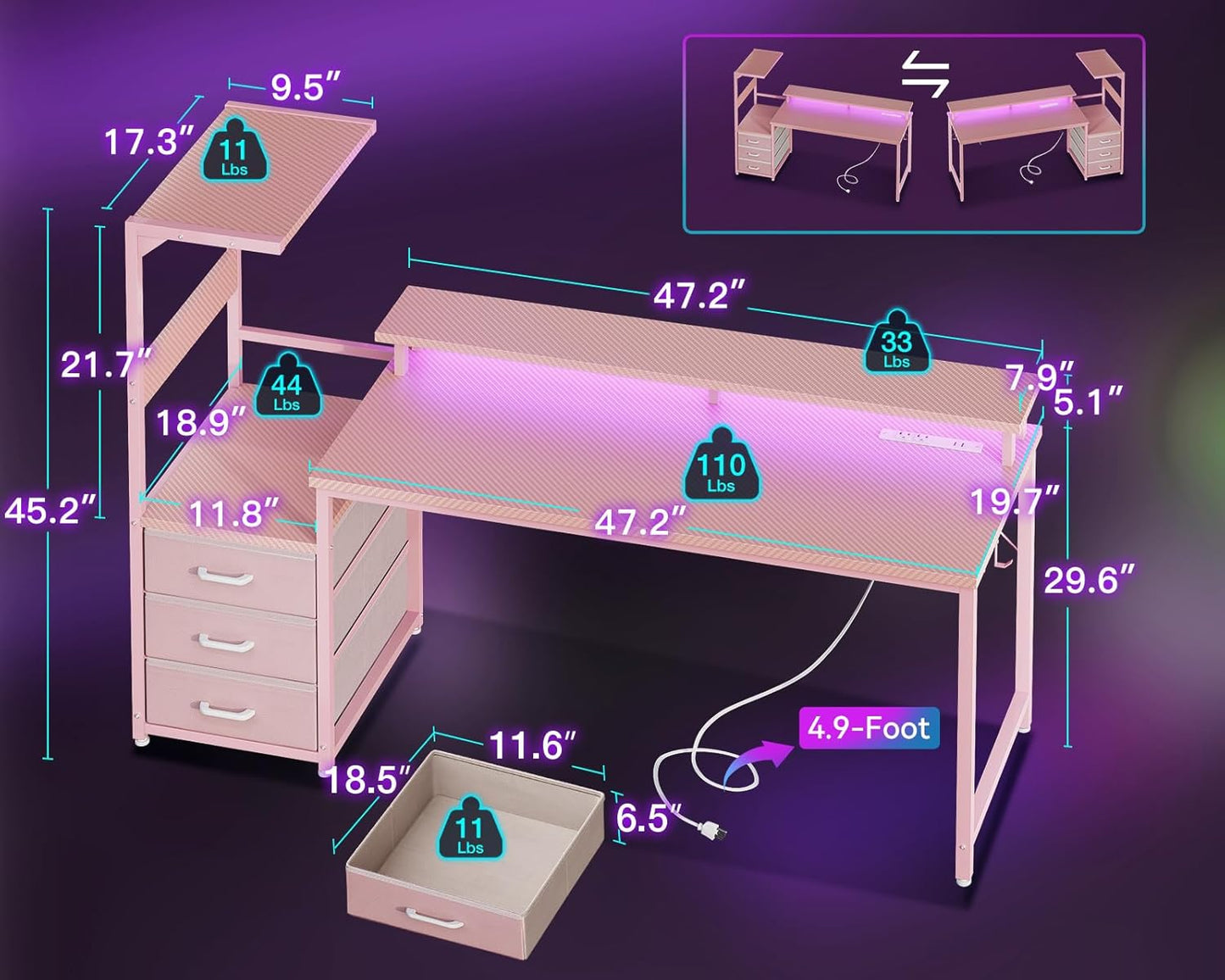 AODK 59 Inch Gaming Desk with USB Charging Ports & LED Light- Reversible Computer Desk with Storage Shelves & Monitor Stand, Modern Gamer Desk Table with Fabric Drawers & Side Hook, Carbon Fiber Pink