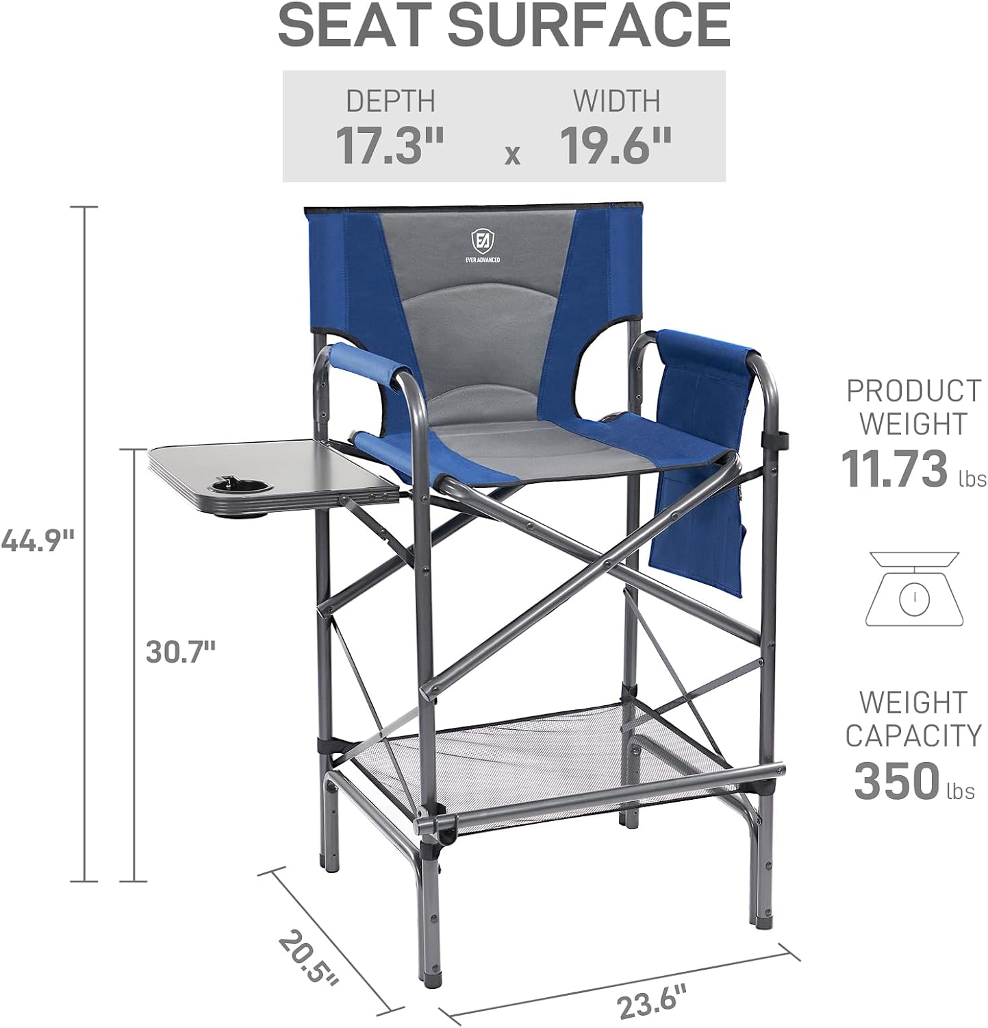 EVER ADVANCED Tall Folding Chair 30.7" Seat Height Directors Chair High Foldable Bar Stool for Makeup Artist Face Painting with Side Table Cup Holder and Storage Pocket Supports 350LBS (Blue/Grey)