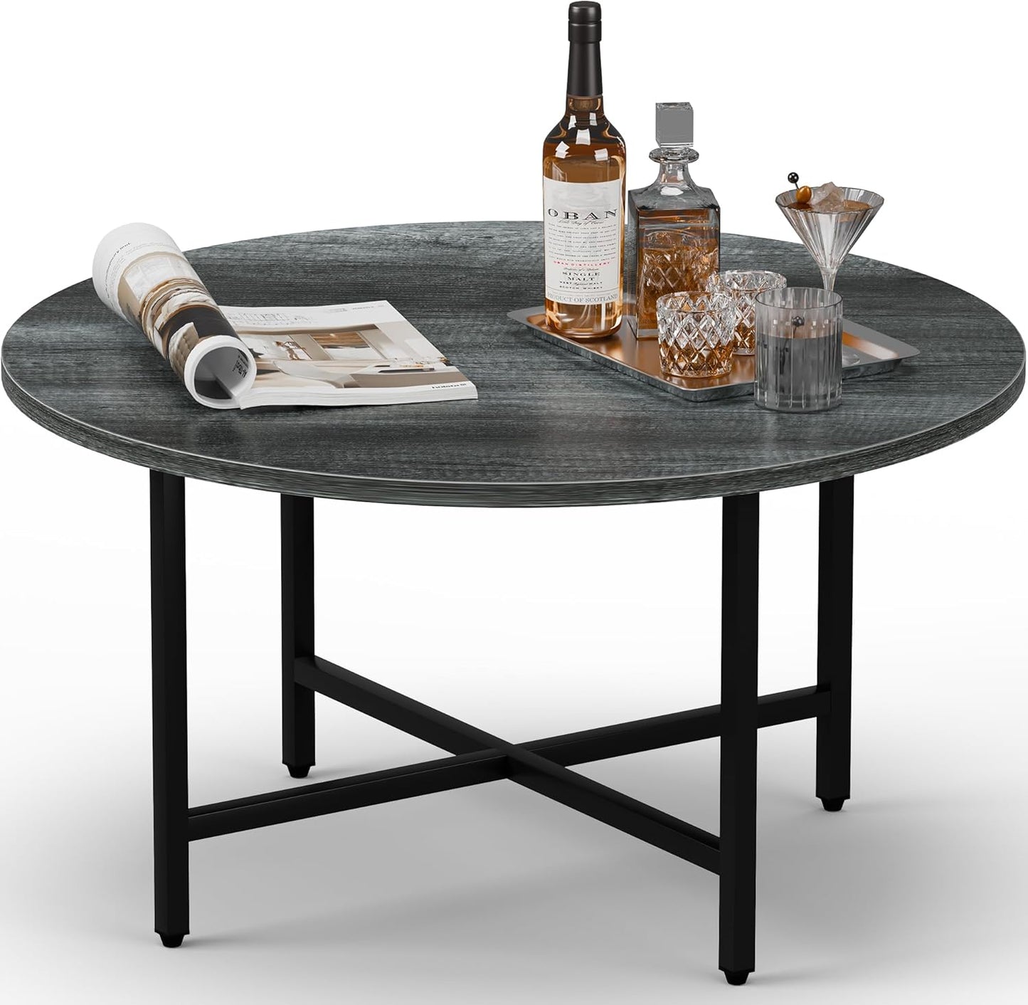 Coffee Table, 23.6" Coffee Tables for Living Room, Round Coffee Table with Metal Frame, Floor Table for Sitting on The Floor, Home, Office, Elegant Gray