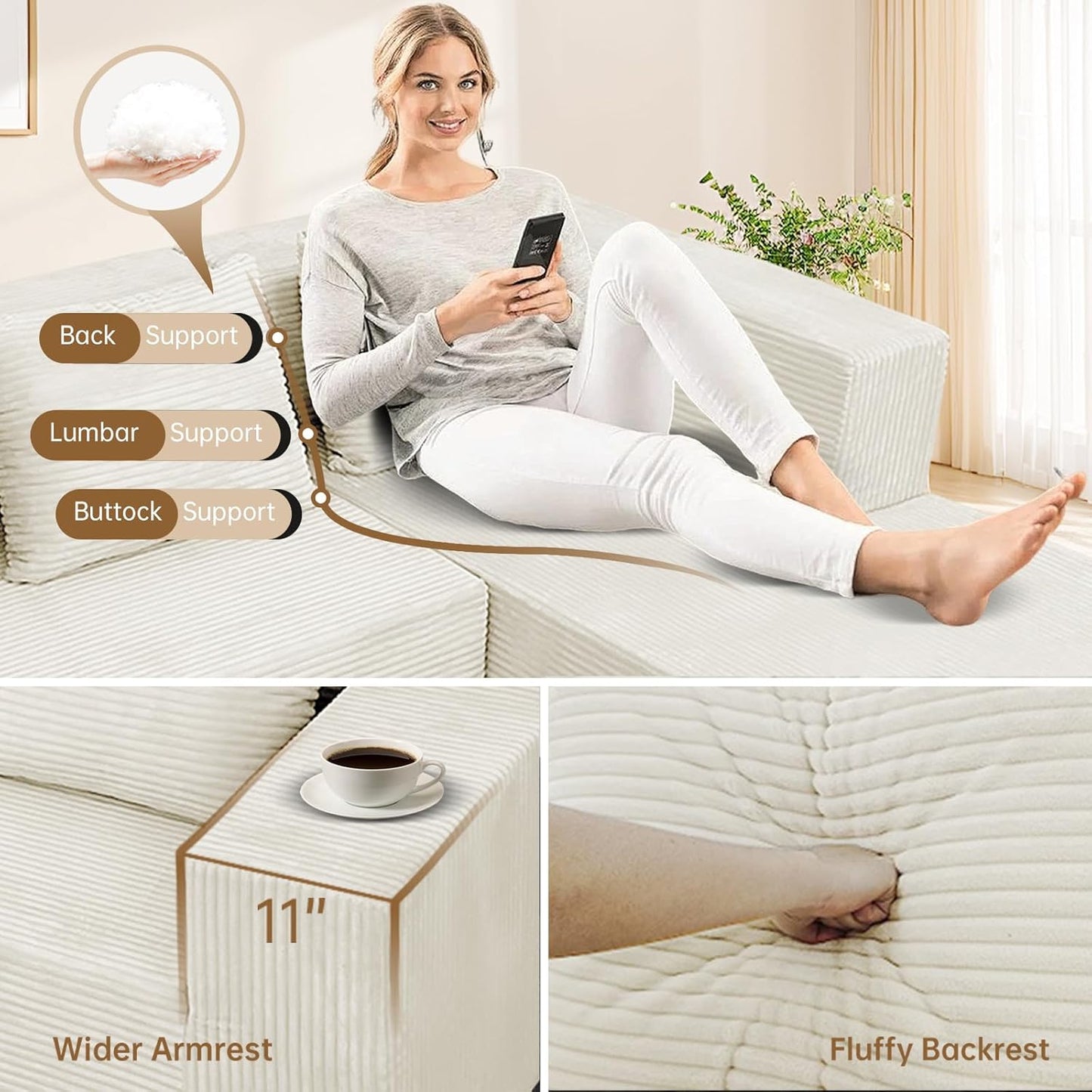 ANONER 103" Cloud Sectional Couch with Deep Seat, Modern Modular Boneless Couch L-Shape Upholstered Sofa with Chaise, Free Combination Corduroy Couches for Living Room, Beige