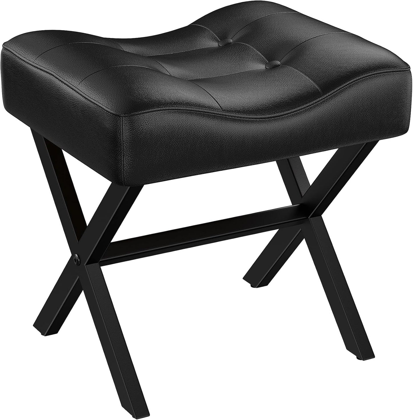 18-Inch Large Leather Vanity Stool, Vanity Chair with Metal X-Leg, Ottoman Foot Stool with Thick Padded Saddle Seat, Black