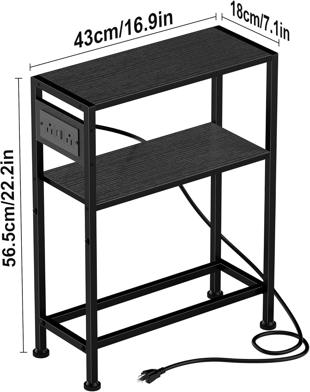 Small Narrow Side Table with Charging Station, Skinny End Table for Small Spaces, Slim Nightstand with Outlets, Sofa Bedside Table in Living Room, Bedroom, Study, Kitchen and Balcony(Black)