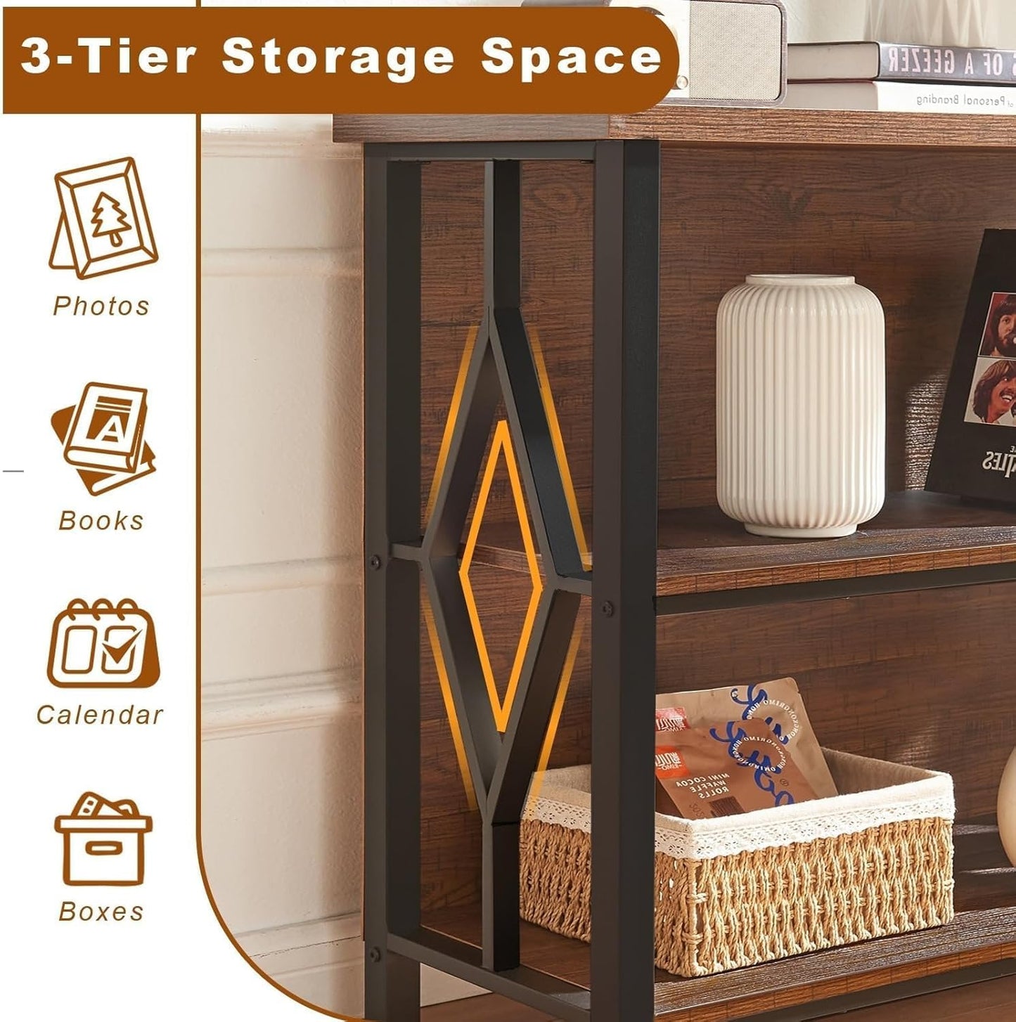 HOMISSUE Bookshelf, 3-Tier Rustic Small Bookshelf, Industrial Shelf Bookcase with Engineered Wood Shelves, Low Bookcase with Storage, Small Shelf for Living Room, Bedroom and Office, Rustic Brown