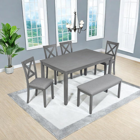 Dining Table Set, 6-Piece Kitchen Table & Chair Set with Rectangular Dining Table, 4 Upholstered X-Shaped Backrest Chairs and a Bench, Wooden Dining Table Set for 6 People, Gray