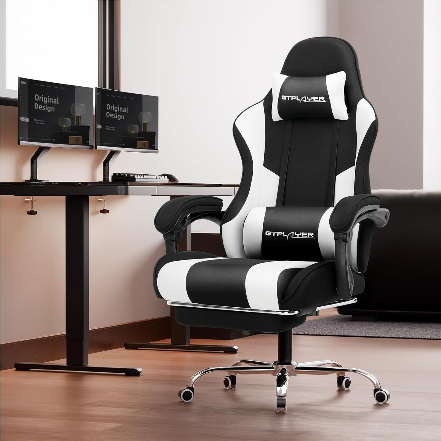GTPLAYER Gaming Chair, Computer Chair with Footrest and Lumbar Support, Height Adjustable Game Chair with 360°-Swivel Seat and Headrest and for Office or Gaming (Fabric, Black & Light Gray)