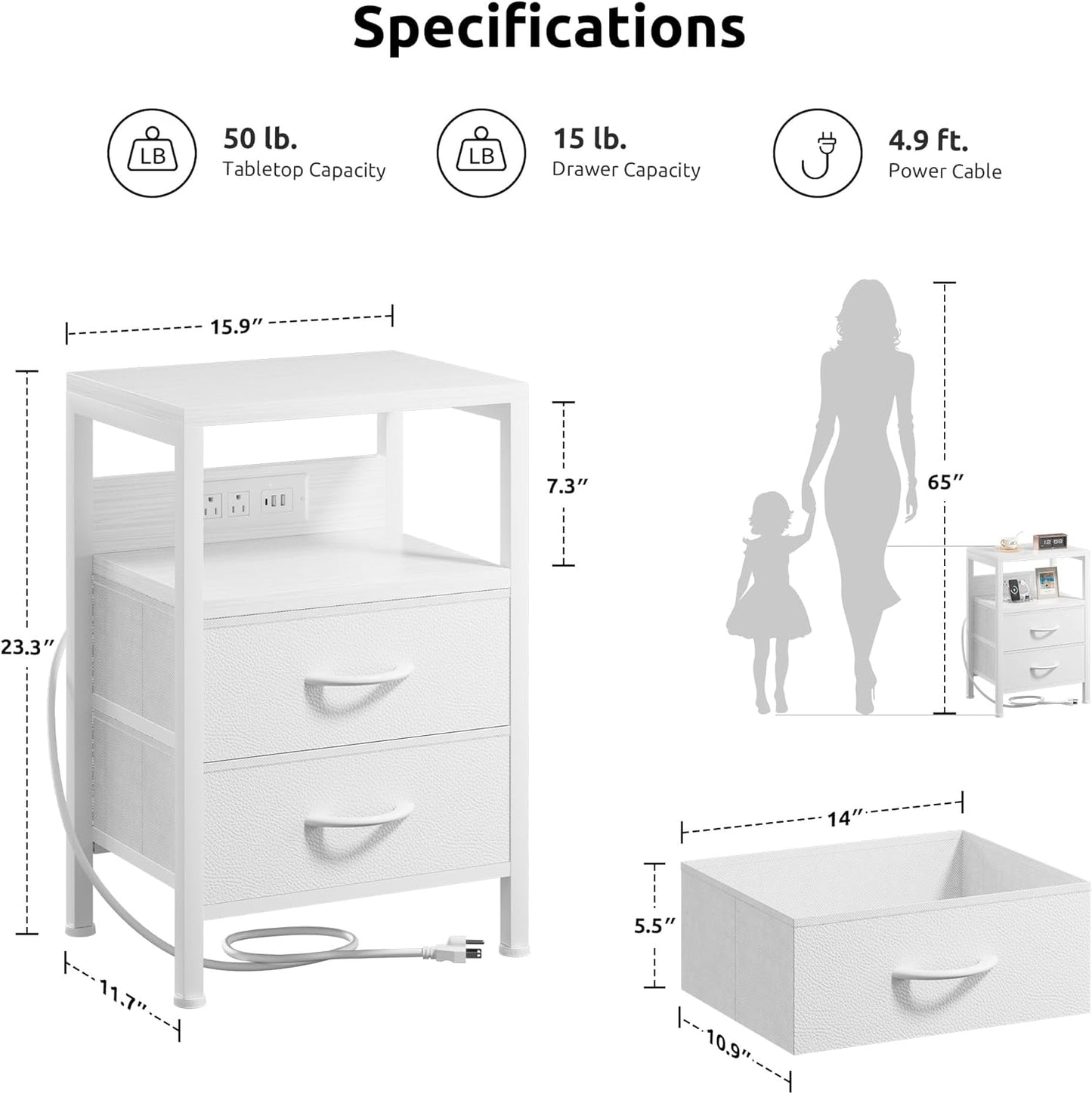 NightStand Bedside Charging Table Bedroom - Night Stand with Charger Station, White Modern Bed Side End Table with Open Shelf & 2 Fabric Drawers, USB-C USB Ports & AC Outlets for Dorm, Living Room