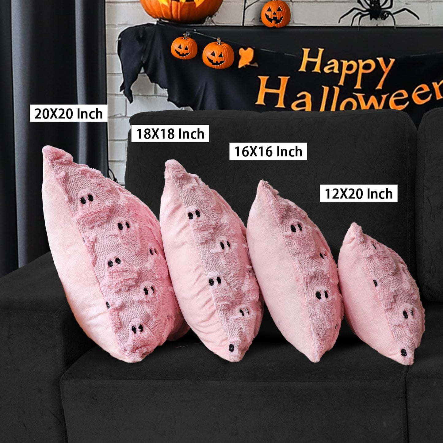 4TH Emotion Halloween Ghost Decorative Pillow Covers 20x20 Set of 2, Pink Soft Plush Faux Fur Farmhouse Throw Cushion Cases for Fall Autumn Holiday Home Decorations
