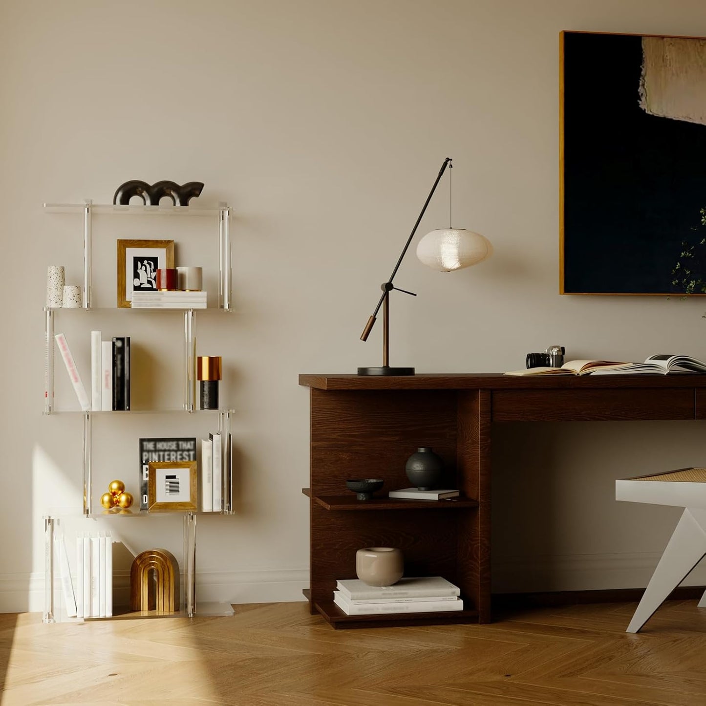 Acrylic Geometric Bookshelf, 5-Tier Clear S Shaped Bookcase, Modern, Unique Book Shelf for Living Room, Bedroom, Office, 9.3" D x 22.4" W x 49.2" H, Easy Assembly