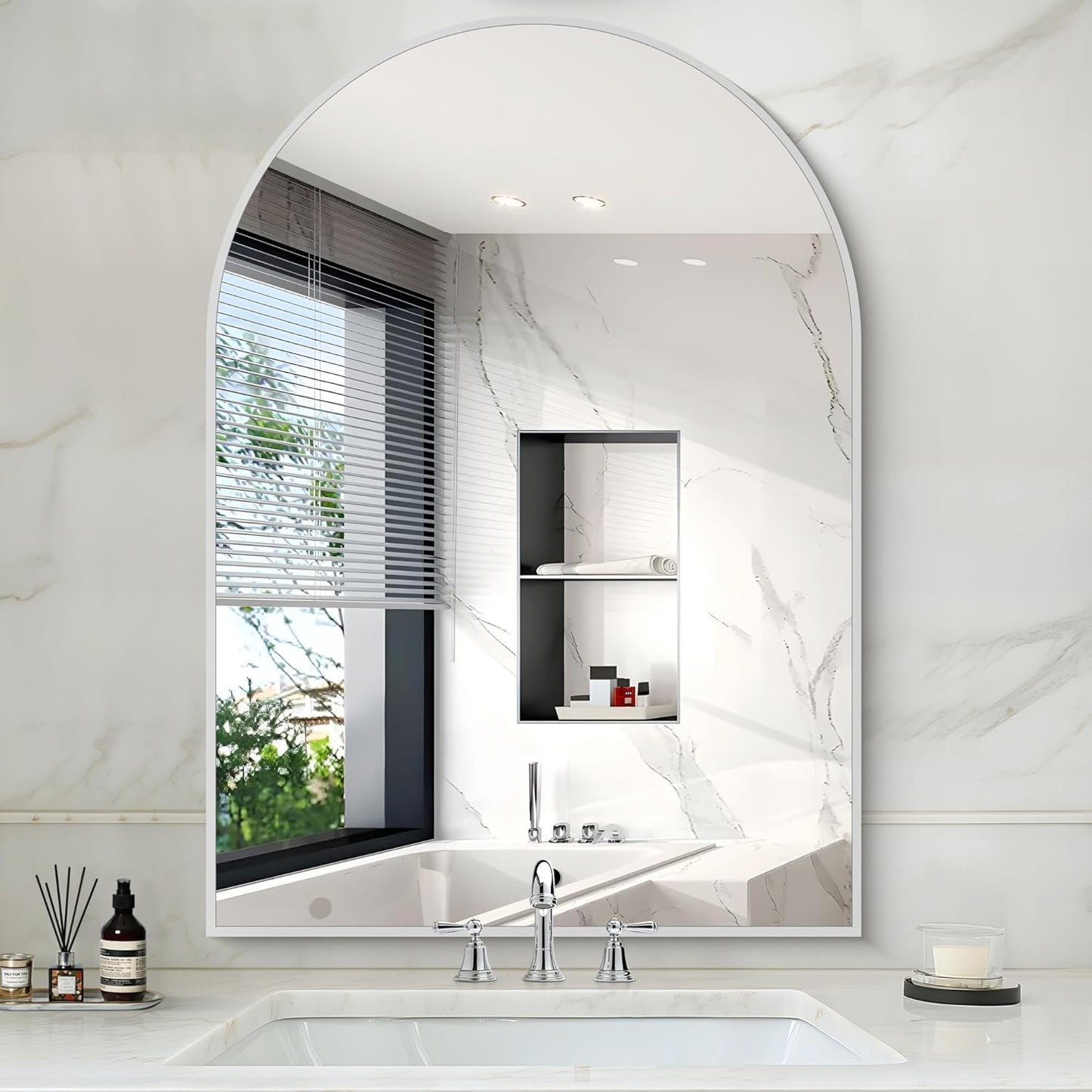 Arched Bathroom Mirror, 36x48IN Silver Bathroom Mirror with Metal Frame, Wide Wall Mounted Mirrors Decor Modern Dresser Mirror for Bedroom Living Room Entryway