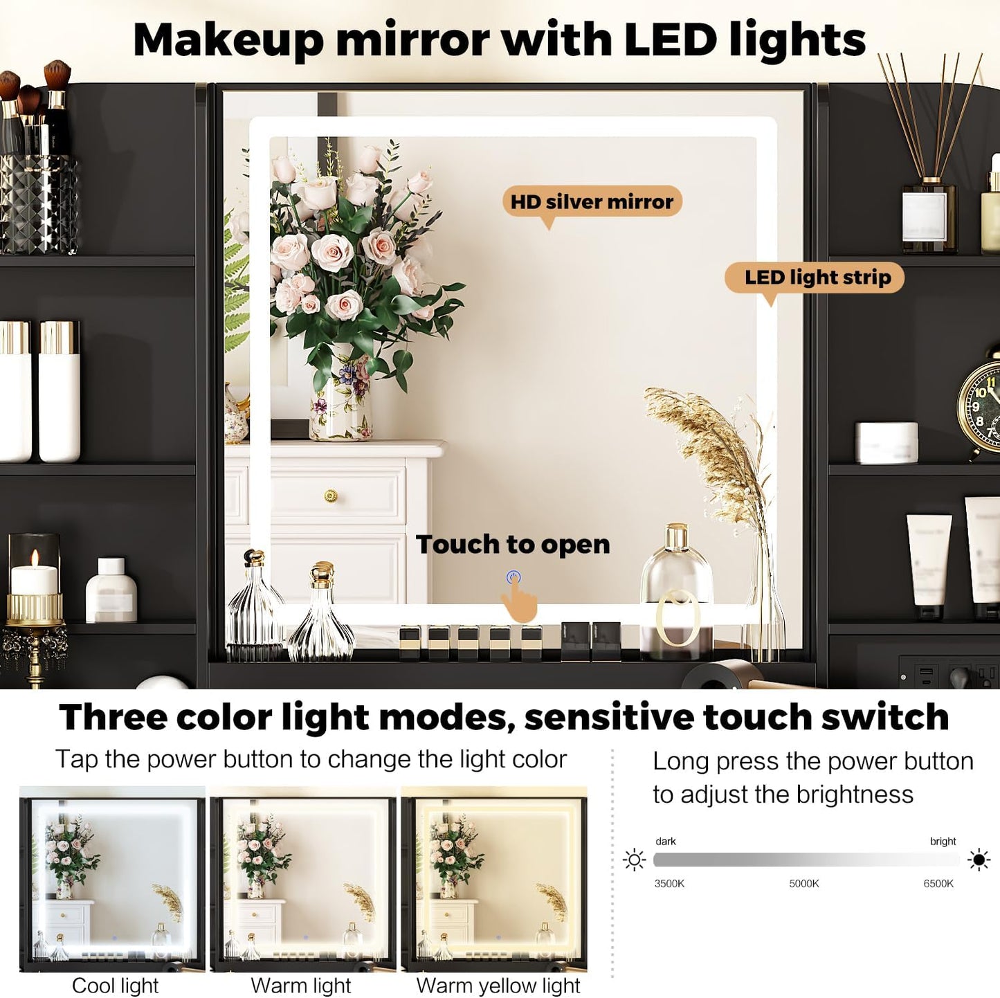 43" Makeup Vanity Desk with Mirror and Lights, & Power Outl, Glass Top Big Vanity Table with 9 Drawers& 8 Storage Shelves, Dressing Table Set with Chair for Bedroom, Black