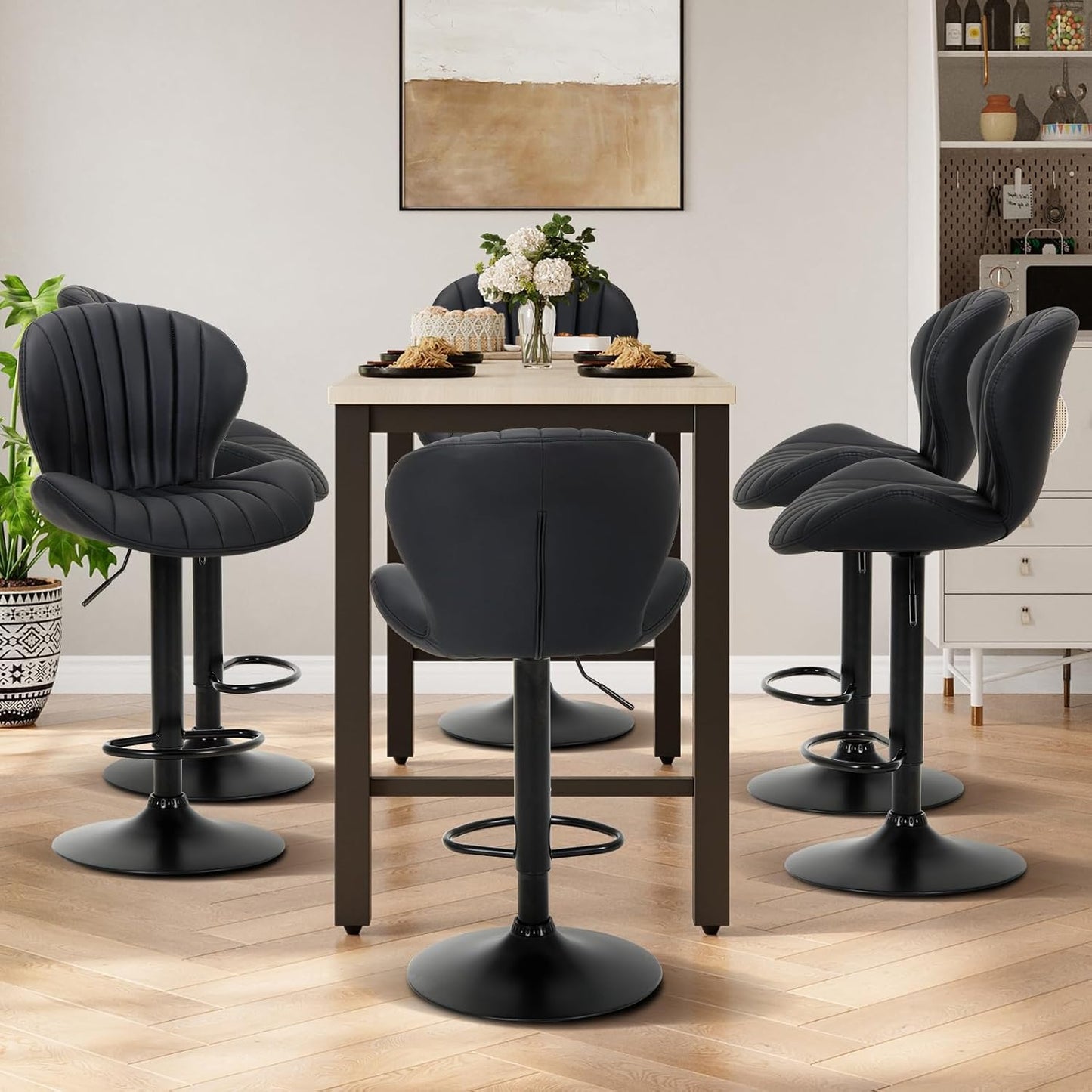 COLAMY Bar Stools Set of 4, Modern Swivel Bar Chairs, Adjustable Faux Leather Upholstered Barstools Counter Height with High Backrest for Bar, Kitchen Island, Dining Room, Black