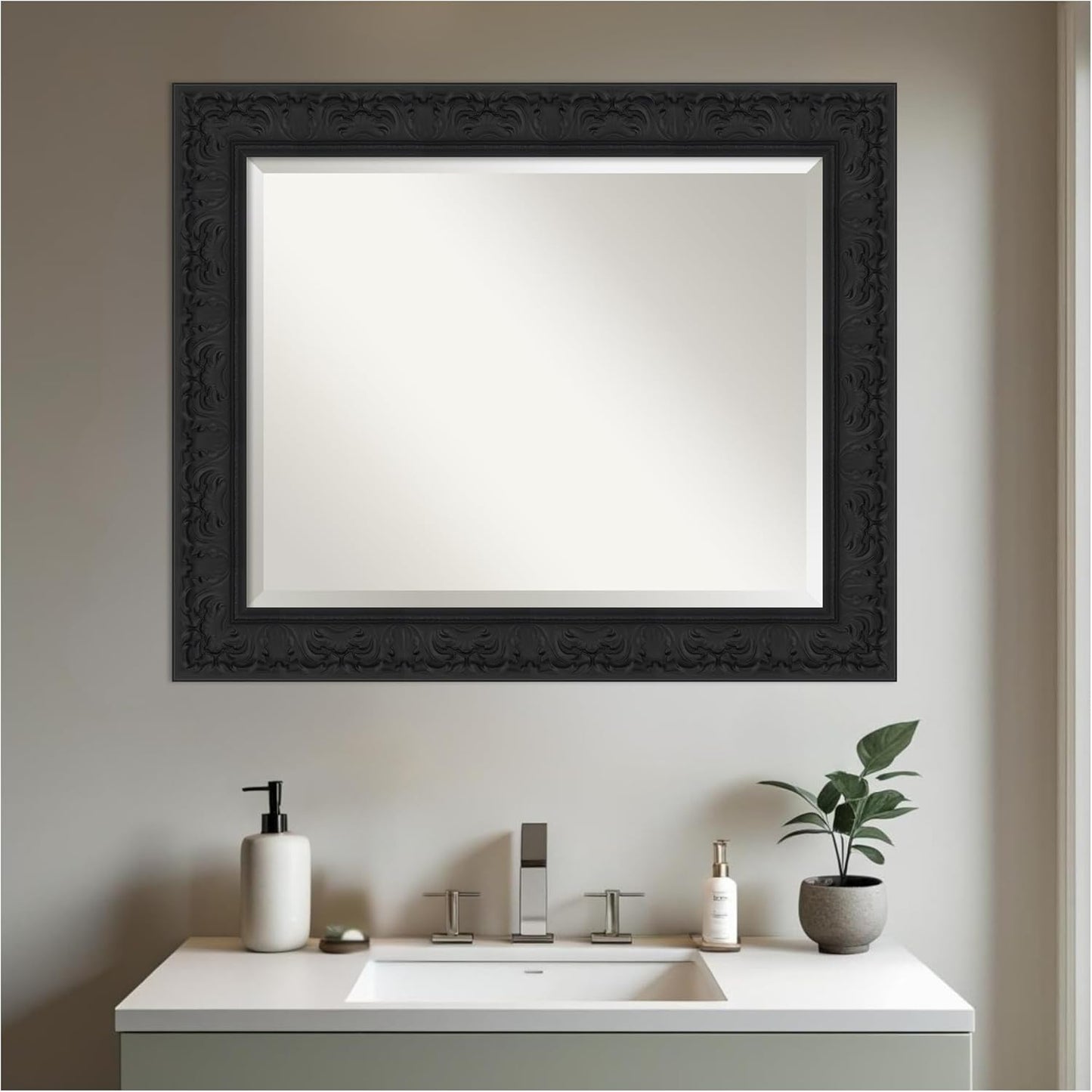 Amanti Art Black Bathroom Mirror for Over Sink, 29x35 Luxe Black Rectangle Vanity Mirror, Large Traditional Frame, Hangs Horizonally and Vertically, Bathroom Wall Decor, Beveled Edge